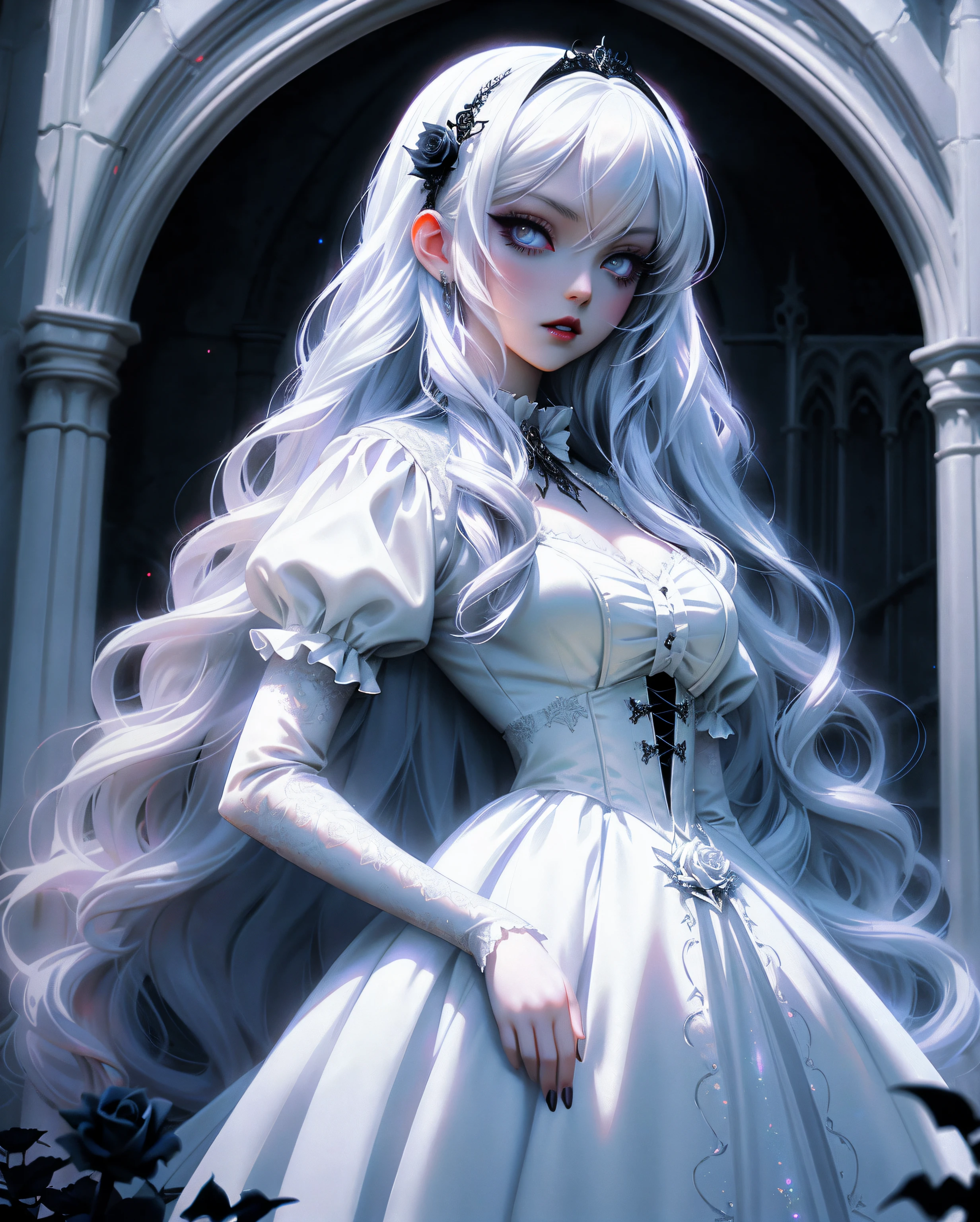 anime Vampire Princess, long white hair, gothic style, roses in hair, dark black eyelashes, white glow irises, light blue dress, digital illustration, comic style, gothic renaissance, perfect anatomy, centered, approaching perfection, dynamic, highly detailed, gothic castle detailed background, blood,  artstation, concept art, smooth, sharp focus, illustration, art by wlop and ross tran ,glitter