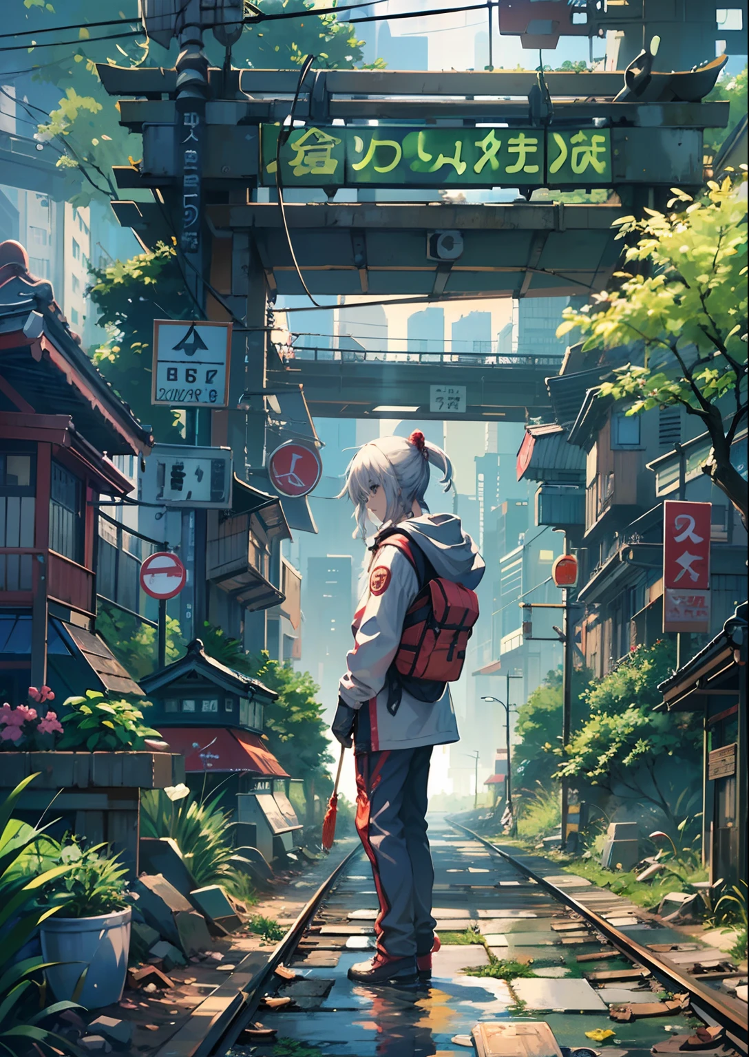 1boy,Man's ,Cyberpunk Boy、katanas,machine gun、Cat's ears、silber hair、poneyTail、The beginning of the adventure、during daytime、Into the cloud、ruined and devastated city、Complex Japan buildings、temple,railroad crossing、Bus stop、Trees、Warm lighting、puddles、Good old Japan landscape、Beautiful and fantastic summer landscape、Cinematic scenery、hightquality、masutepiece,8K、hight resolution、ultra-detailliert,