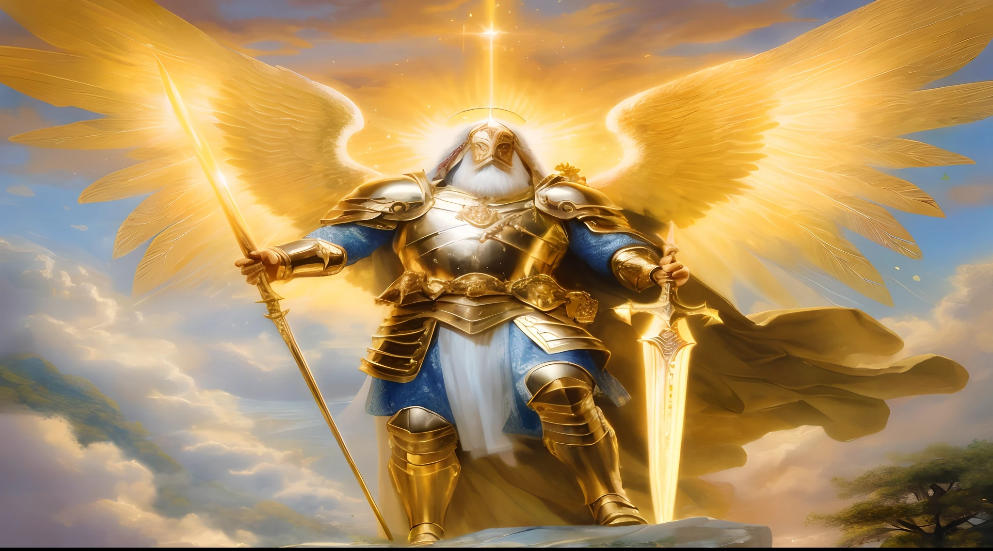 Painting of a man with a sword and a golden halo, Armadura Dourada Angelical, Arcanjo Miguel, arcanjo, saint michael the angel, Paladino Santo, Anjo majestoso de corpo inteiro, anjo biblicamente acuado, O Deus Imperador da Humanidade, angel in plastic armor, Santo de ouro bonito, gold gates of heaven!!!!!!!!, anjo protegendo o homem, Armadura Sagrada