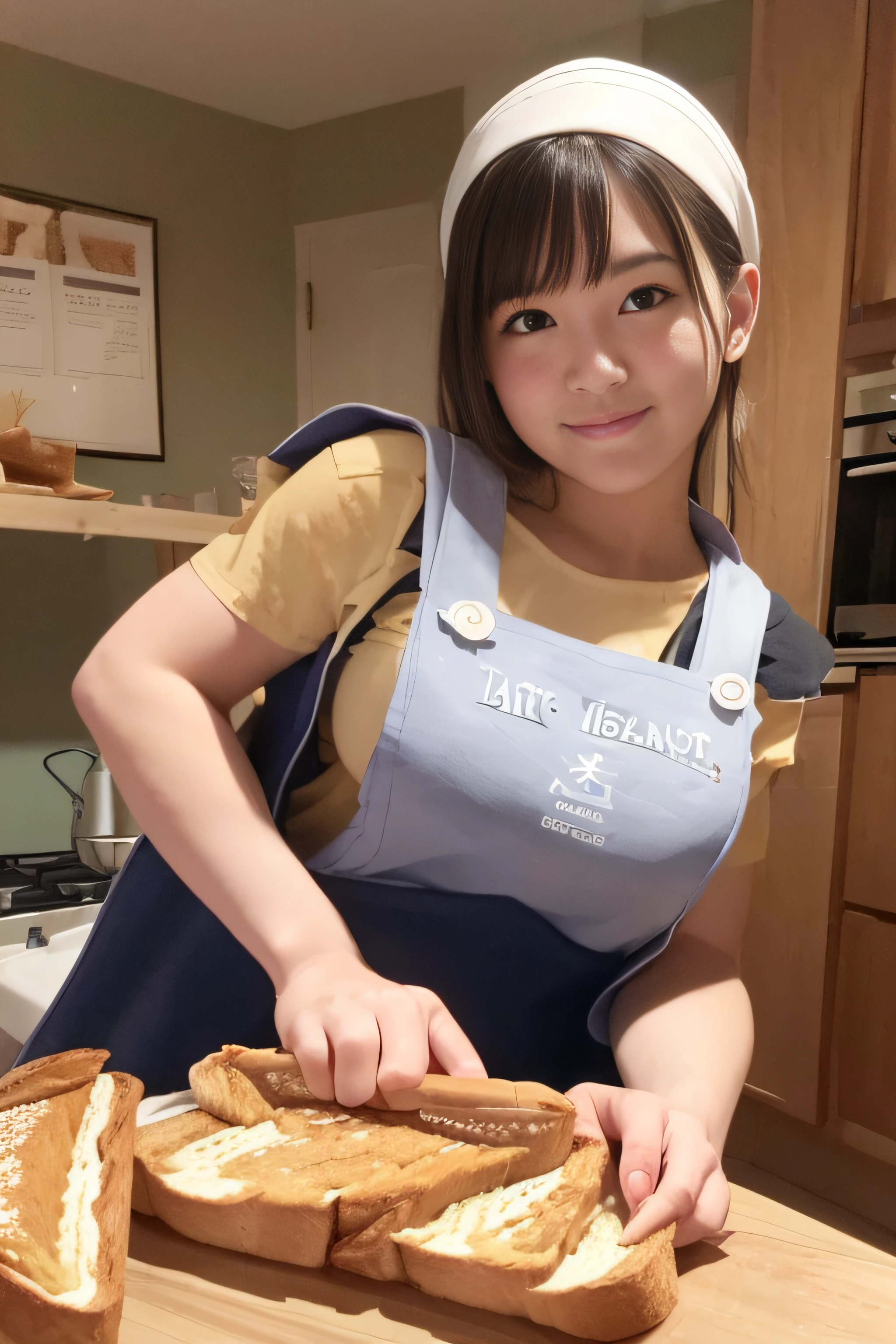 hightquality、​masterpiece、ultra res、14years、cute girl face、kitchin、barechested、(((pinafore:1.4)))、NAKED Apron、full body Esbian、Famous actresses of Japan、Very beautiful face、(((Eat toast:1.4)))、Side Boo Boo、Medium size、