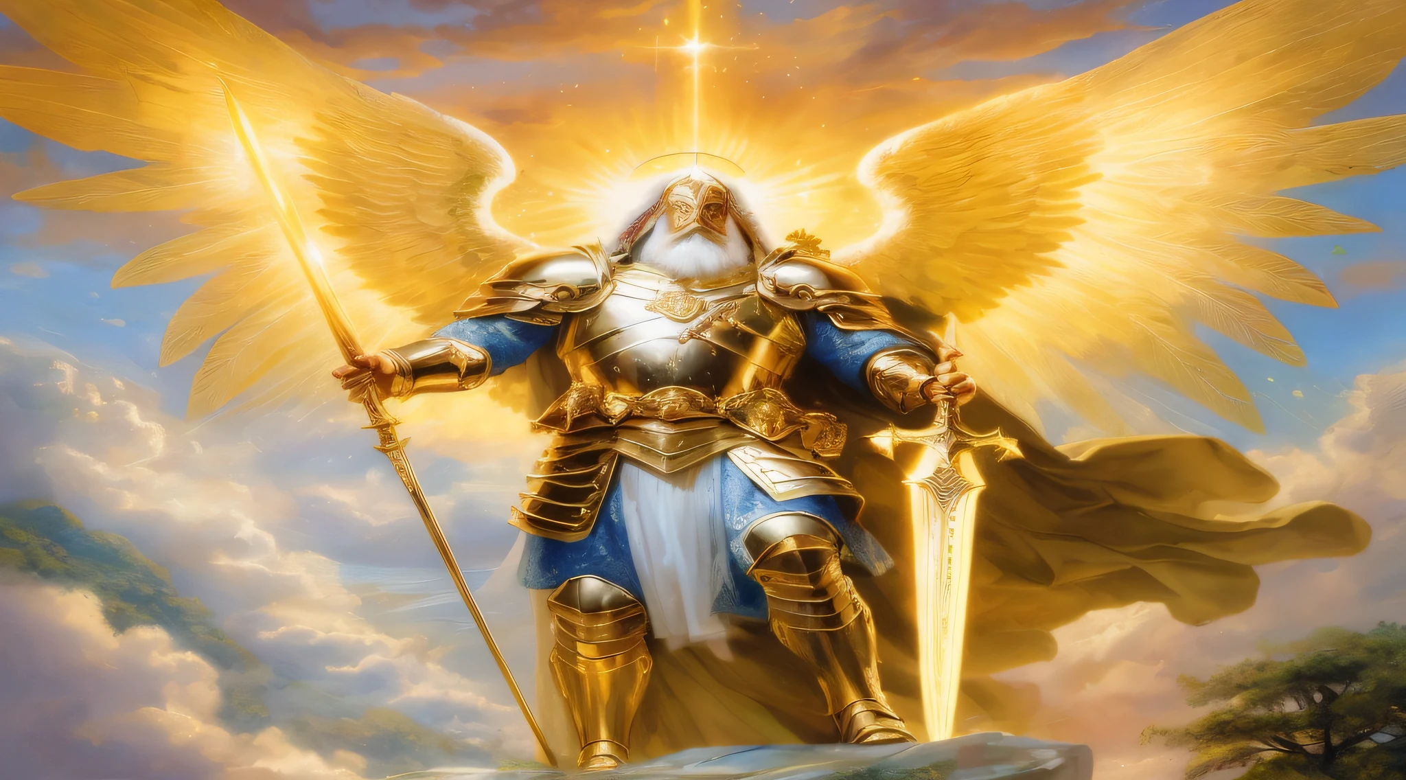 Painting of a man with a sword and a golden halo, Armadura Dourada Angelical, Arcanjo Miguel, arcanjo, saint michael the angel, Paladino Santo, Anjo majestoso de corpo inteiro, anjo biblicamente acuado, O Deus Imperador da Humanidade, angel in plastic armor, Santo de ouro bonito, gold gates of heaven!!!!!!!!, anjo protegendo o homem, Armadura Sagrada