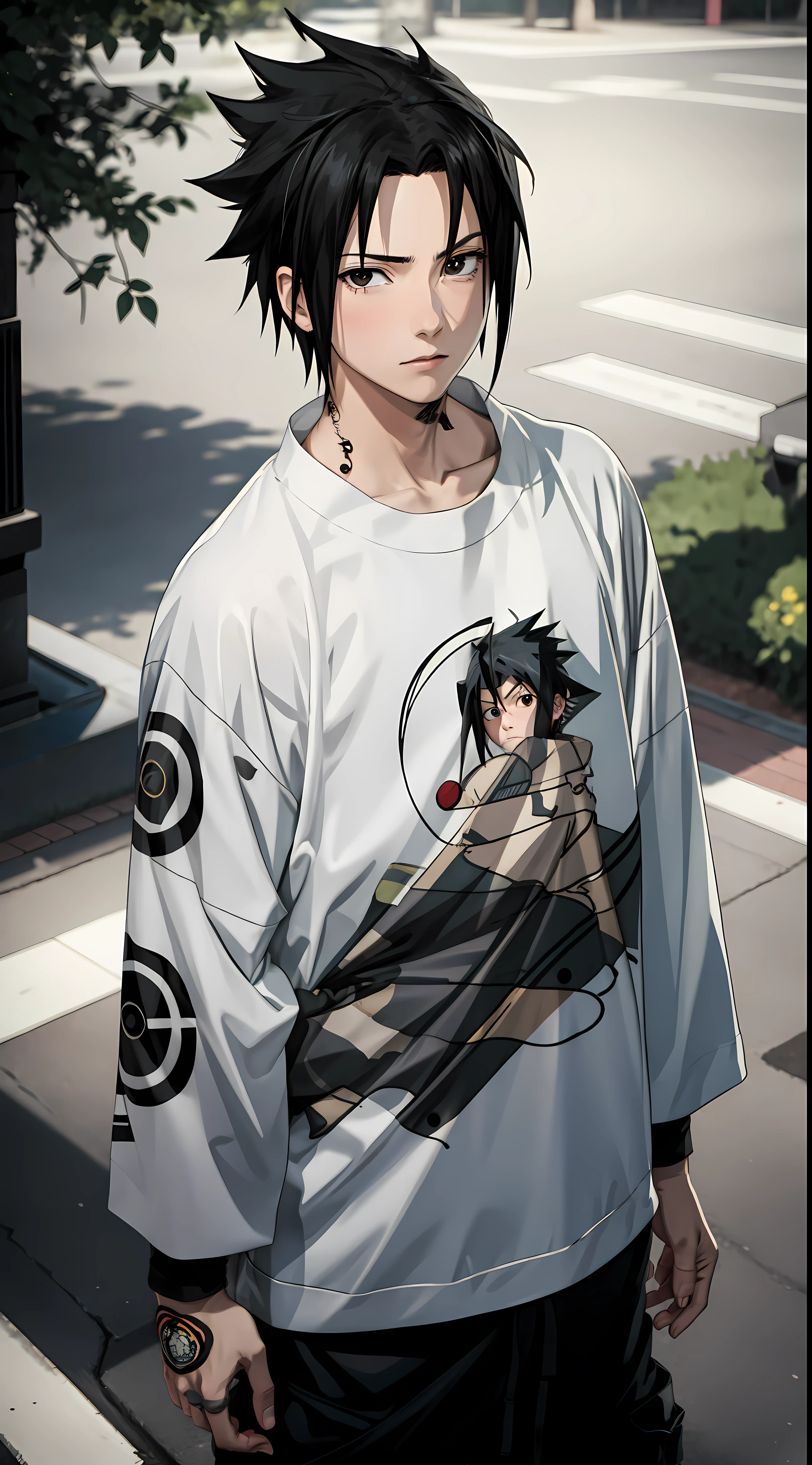 Masterpiece, 1boy, Superb Style, Urban Streetwear chothes, Outdoor, Upper Body, Uchiha Sasuke, bright eyes, black hair, cool boy