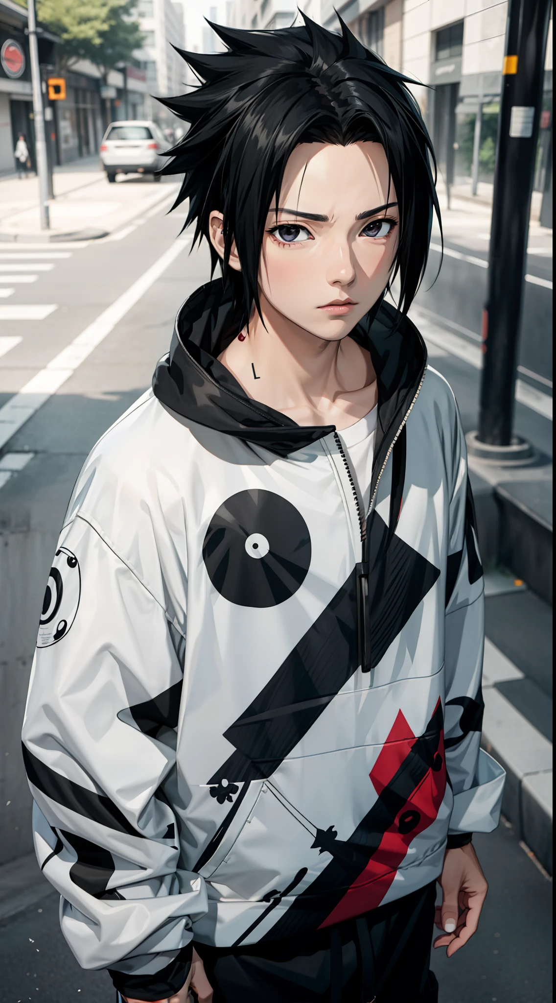 Masterpiece, 1boy, Superb Style, Urban Streetwear chothes, Outdoor, Upper Body, Uchiha Sasuke, bright eyes, black hair, cool boy