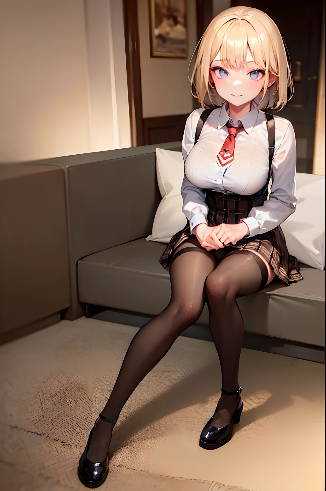 amelia watson, 1girl, blonde hair, short hair, black pantyhose, smile, ultra detailed, 8k, masterpiece, detailed legs, medium breasts, amelia_detective, collared shirt, red necktie, plaid skirt, thighhighs, full body, sitting on knees, bedroom, sunlight