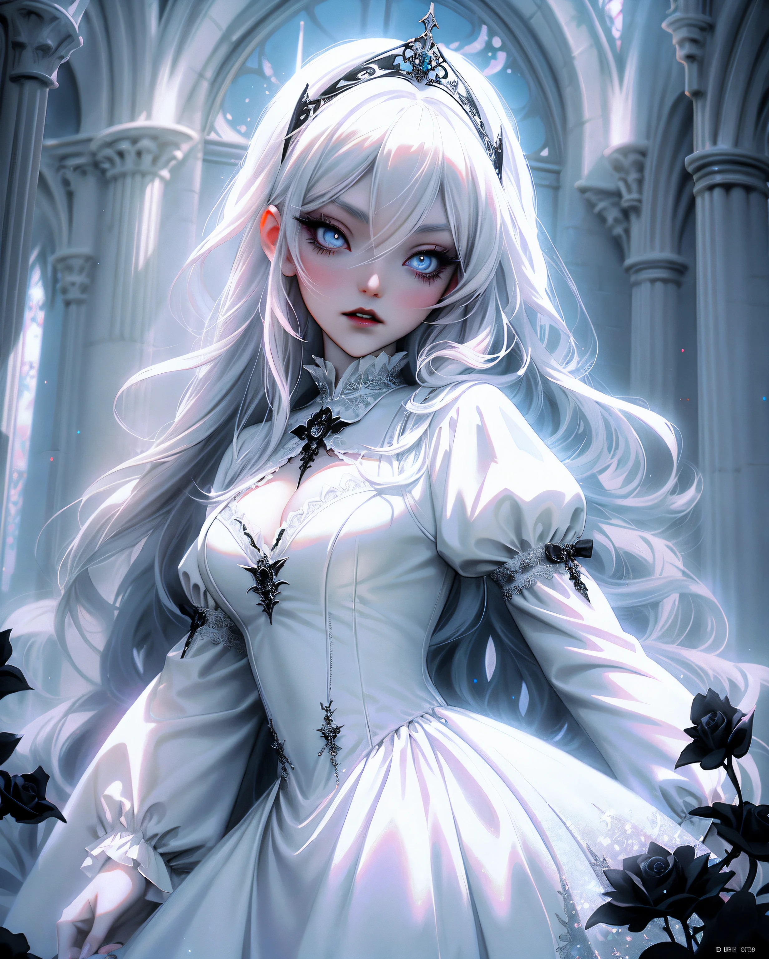 anime Vampire Princess, long white hair, gothic style, roses in hair, dark black eyelashes, white glow irises, light blue dress, digital illustration, comic style, gothic renaissance, perfect anatomy, centered, approaching perfection, dynamic, highly detailed, gothic castle detailed background, blood,  artstation, concept art, smooth, sharp focus, illustration, art by wlop and ross tran ,glitter