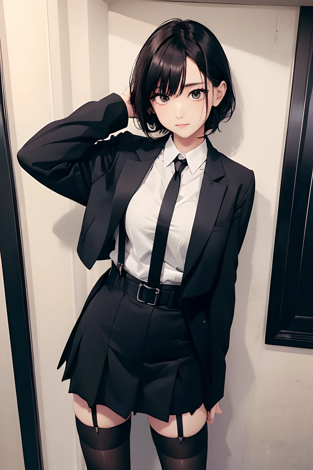 Suit,Collared shirt,Belt bag,Suspenders black mini skirt garterbelts knee high Stockings Black Niso Colorcon armpit sweat perspiring Side of both hands,Black jacket,Gaze,ample bosom,Armpit sweat,Exposing the armpits"Pichi Pichi clothes