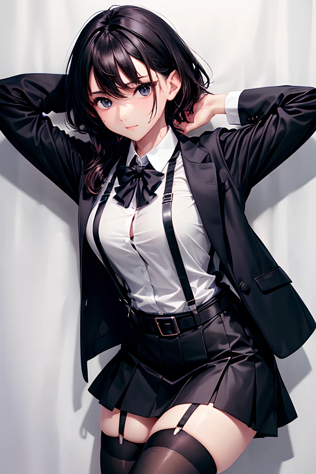 Suit,Collared shirt,Belt bag,Suspenders black mini skirt　garterbelts　knee high　Stockings　Black Niso　Colorcon armpit sweat　perspiring　Side of both hands,Black jacket,Gaze,ample bosom,Armpit sweat,Exposing the armpits"Pichi Pichi clothes