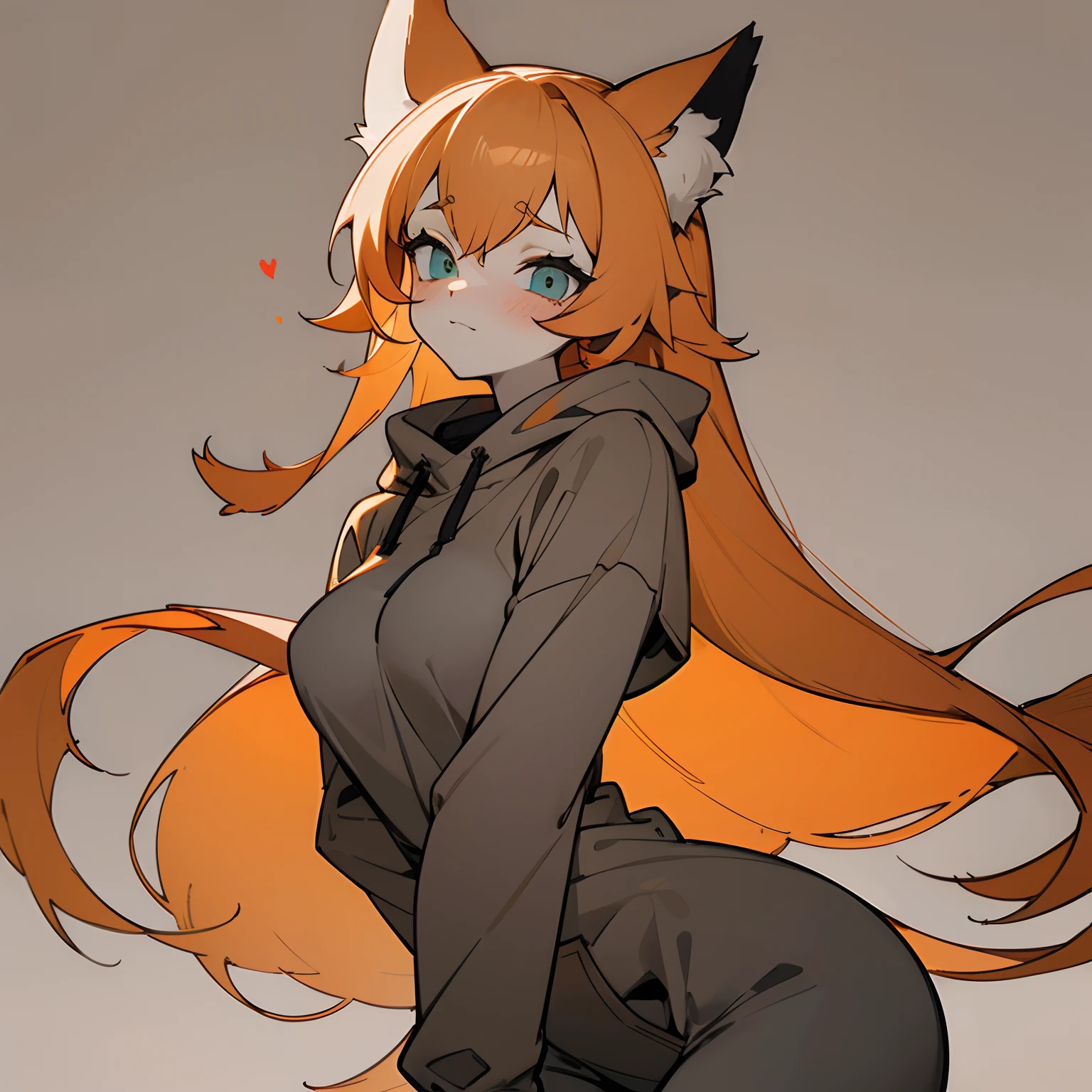 (muted colors, extremely pleasing to the eye color palette, aesthetic artistic pale pastel colors, semi-monochromatic:1.2) cute girl wearing baggy black hoodie, orange hair, big furry fox ears, fox girl, furry art, furry commission oc, aesthetic, happy, in love, blushing, ahegao, plain background, orange!!, thick lineart, simplistic art style, drawing commission, beautiful minimal details, medium boobs, long straight hair