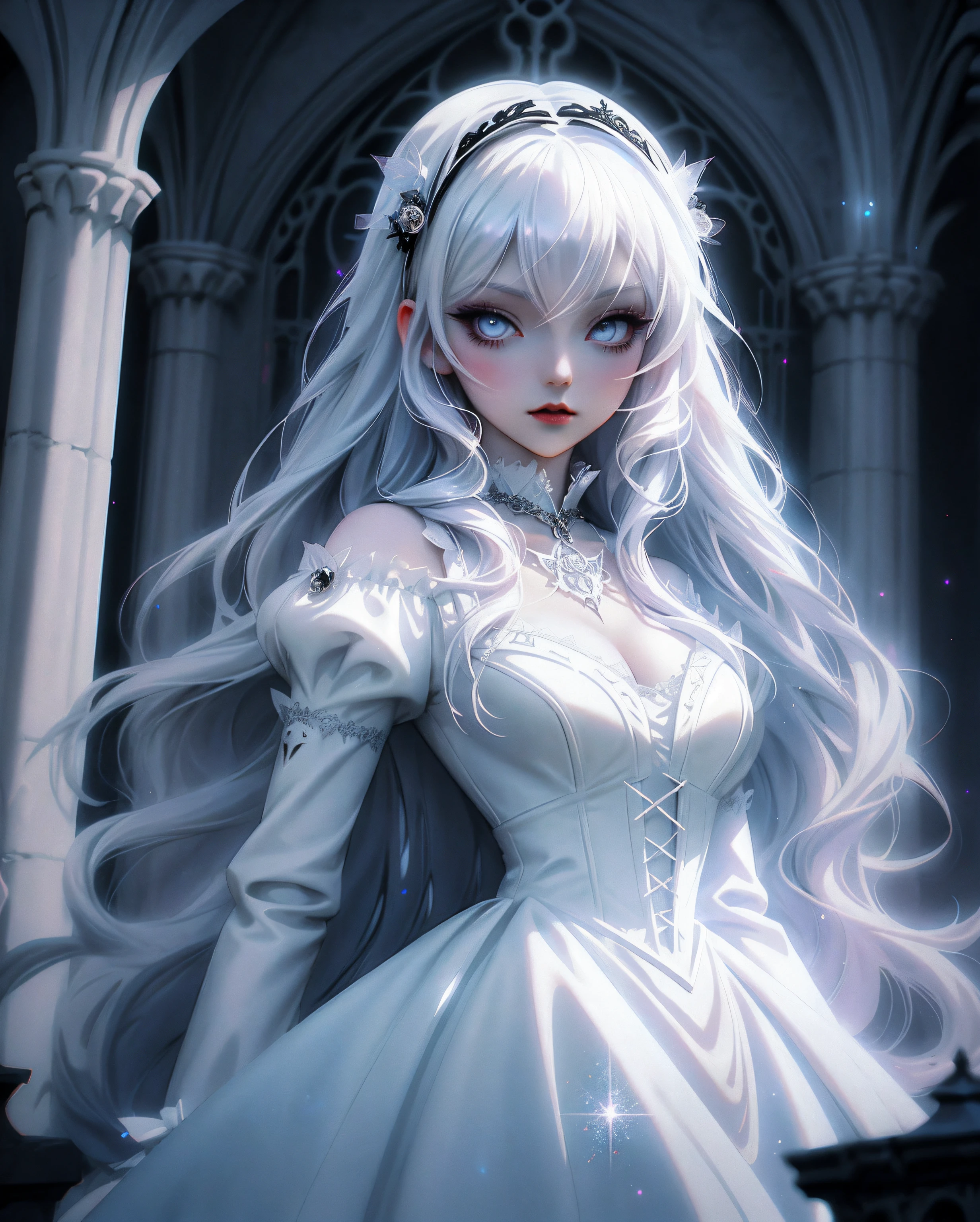 anime Vampire Princess, long white hair, gothic style, roses in hair, dark black eyelashes, white glow irises, light blue dress, digital illustration, comic style, gothic renaissance, perfect anatomy, centered, approaching perfection, dynamic, highly detailed, gothic castle detailed background, blood,  artstation, concept art, smooth, sharp focus, illustration, art by wlop and ross tran ,glitter