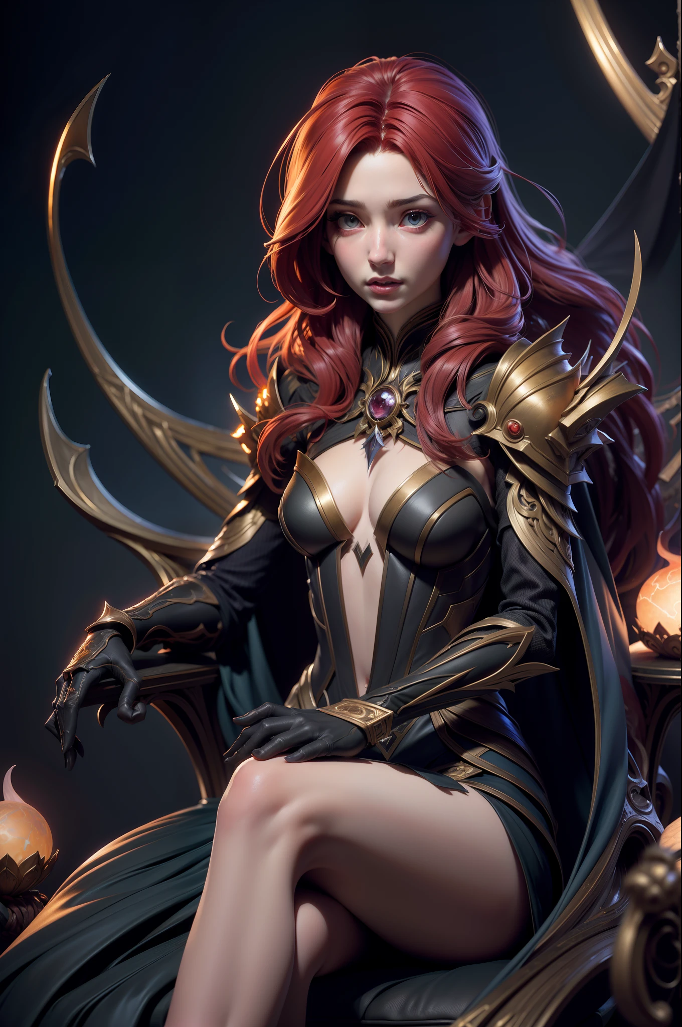 Emily Rudd is a vampire queen, redhead, sitting in a throne, pale skin, messy hair, Full body, Beautiful anime waifu style girl,hyperdetailed painting, luminism, art by Carne Griffiths and Wadim Kashin concept art, dark background, abstract beauty, approaching perfection, pure form, golden ratio, minimalistic, dark atmosphere, unfinished, concept art, by Brian Froud and Carne Griffiths and Wadim Kashin and John William Waterhouse, intricate details, 8k post production, high resolution, hyperdetailed, trending on artstation, sharp focus, studio photo, intricate details, highly detailed, by greg rutkowski