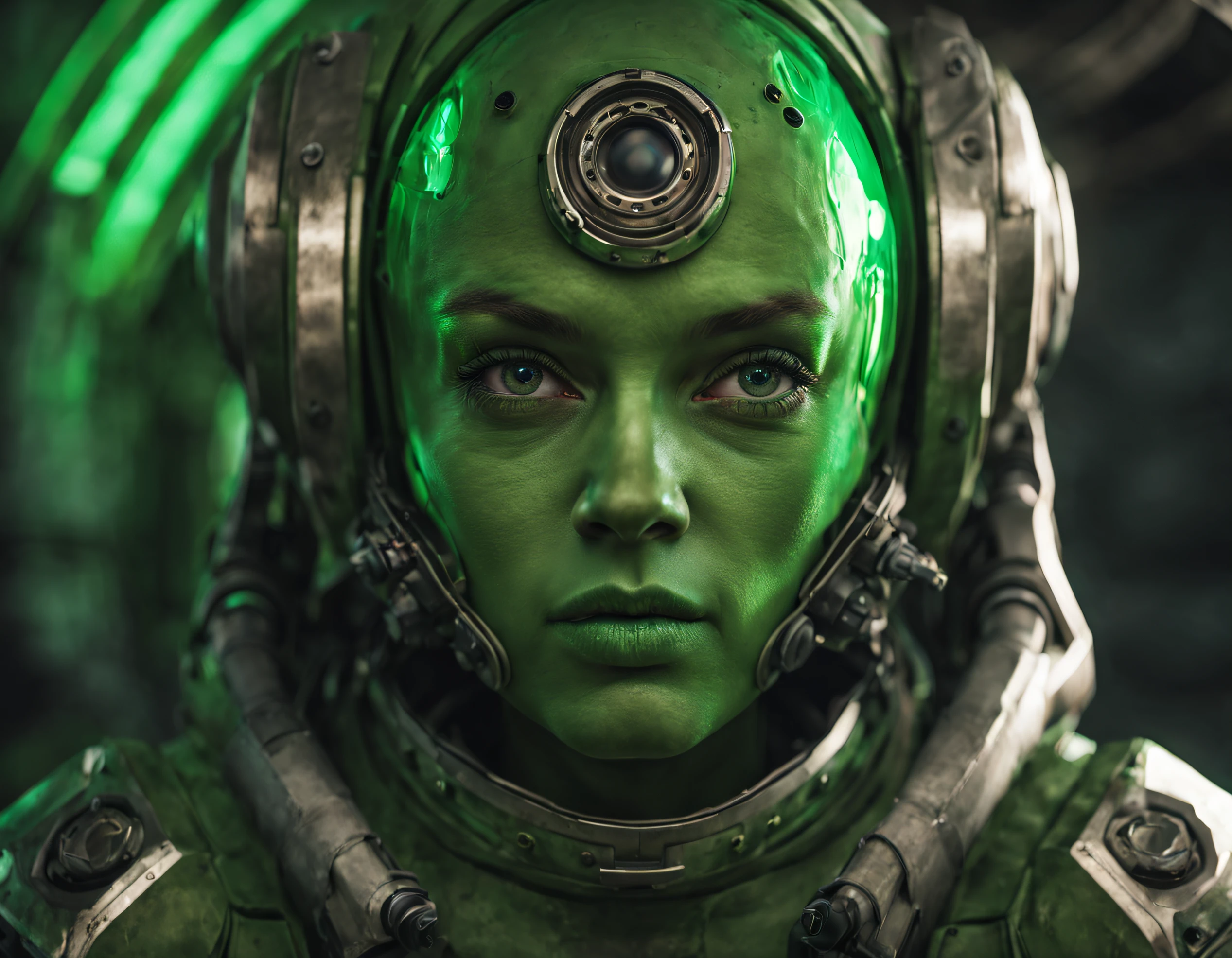 mujer alienigena extraterrestre de gran cabeza redonda calva, con ojos supergrandes en relacion a la cara ,con el iris de color verde brillante, cara bellisina y vistoso y tecnologico traje parecido a los usados en gears of war y cuerpo espectacular, (se encuentra en centro de control de una estacion espacial). colores vivos, imagen nitida perdecta 8k.