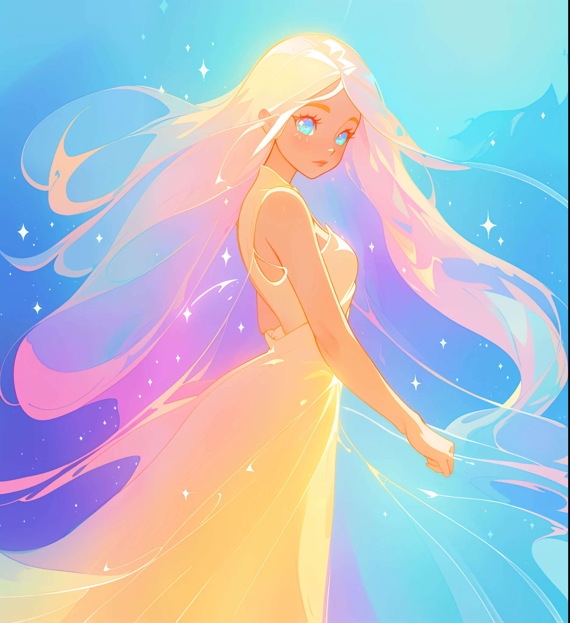 beautiful girl, flowing liquid colorful dress, vibrant pastel colors, (colorful), long flowing colorful hair, magical lights, sparkling magical liquid, inspired by Glen Keane, inspired by Lois van Baarle, disney art style, by Lois van Baarle, glowing aura around her, by Glen Keane, jen bartel, glowing lights! digital painting, flowing glowing hair, glowing flowing hair, beautiful digital illustration, fantasia background, whimsical, magical, fantasy, ((beautiful face)), ((masterpiece, best quality)), intricate details, highly detailed, sharp focus, 8k resolution, sparkling detailed eyes, liquid watercolor