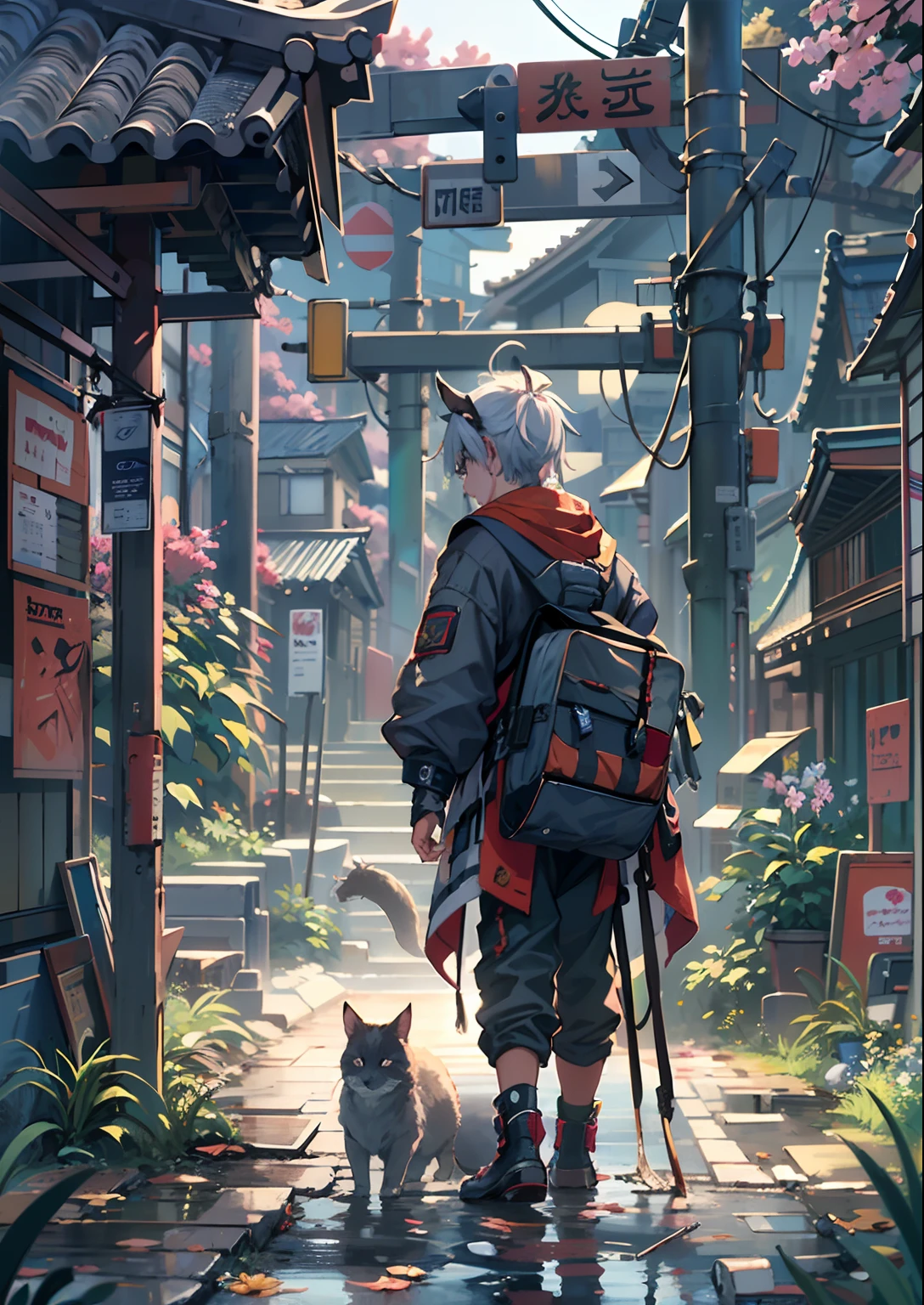 1boy,Man's ,Cyberpunk Boy、katanas,machine gun、Cat's ears、silber hair、poneyTail、The beginning of the adventure、during daytime、Into the cloud、ruined and devastated city、Complex Japan buildings、temple,railroad crossing、Bus stop、Trees、Warm lighting、puddles、Good old Japan landscape、Beautiful and fantastic summer landscape、Cinematic scenery、hightquality、masutepiece,8K、hight resolution、ultra-detailliert,