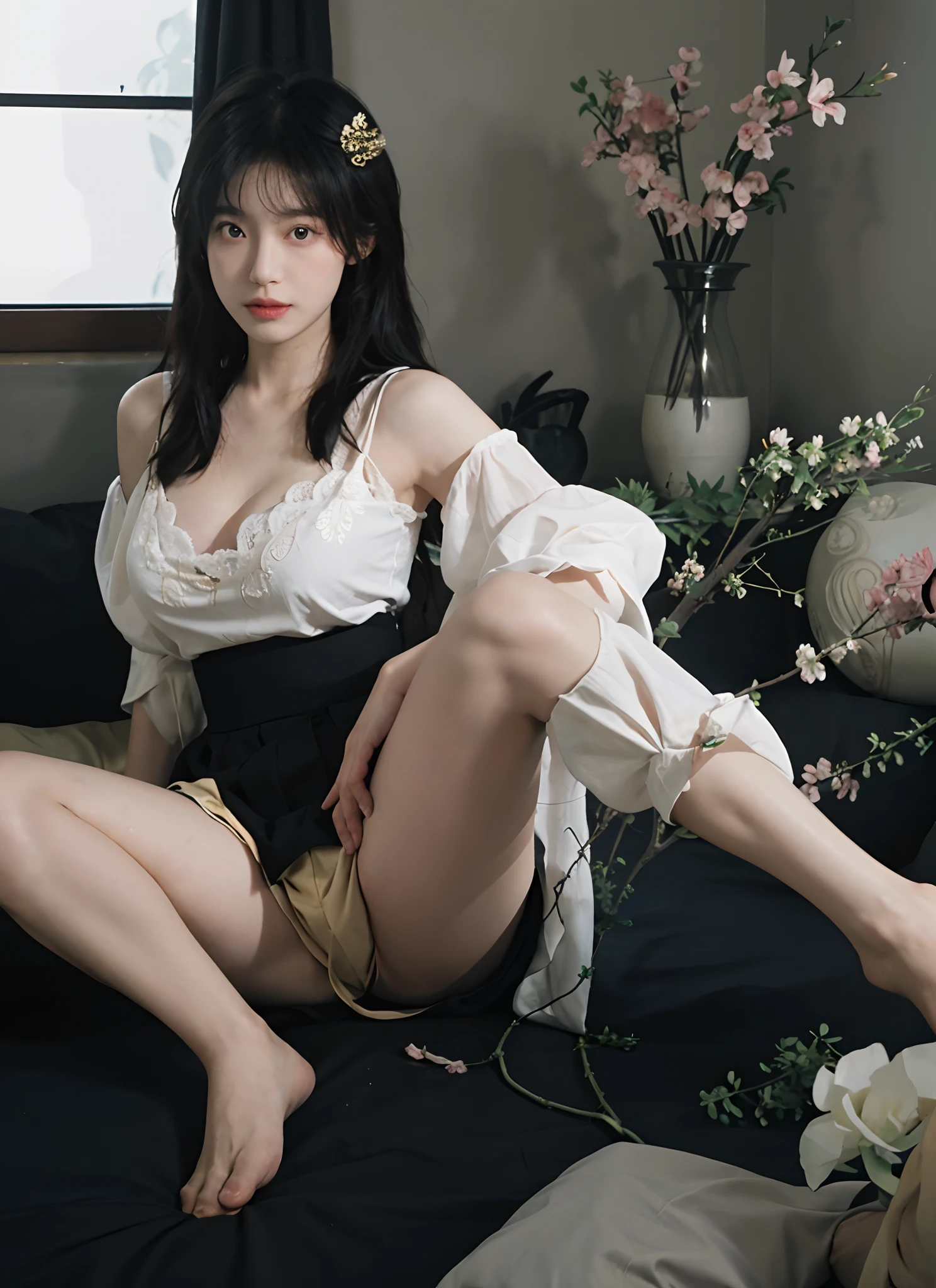 best qualtiy, 超高分辨率, (realisticlying:1.4), one-girl, A pair of clear and moving peach blossom eyes,Royal Sister,Black long straight,Yellow tight skirt, (big cleavage breasts:1.2), looking at viewert, closeup cleavage ,