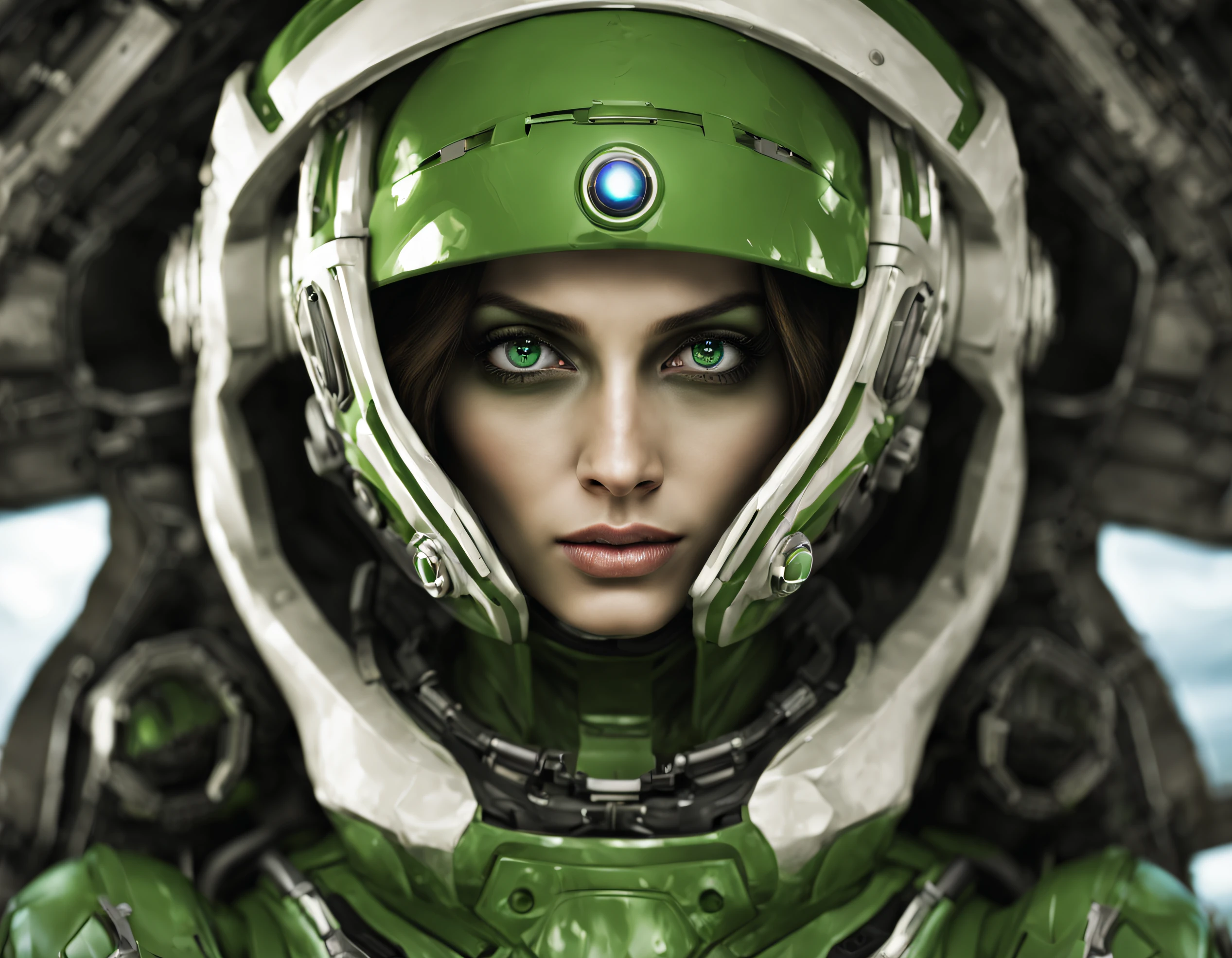 mujer alienigena extraterrestre de gran cabeza redonda calva, con ojos supergrandes en relacion a la cara ,con el iris de color verde brillante, cara bellisina y vistoso y tecnologico traje parecido a los usados en gears of war y cuerpo espectacular, (se encuentra en centro de control de una estacion espacial). colores vivos, imagen nitida perdecta 8k.