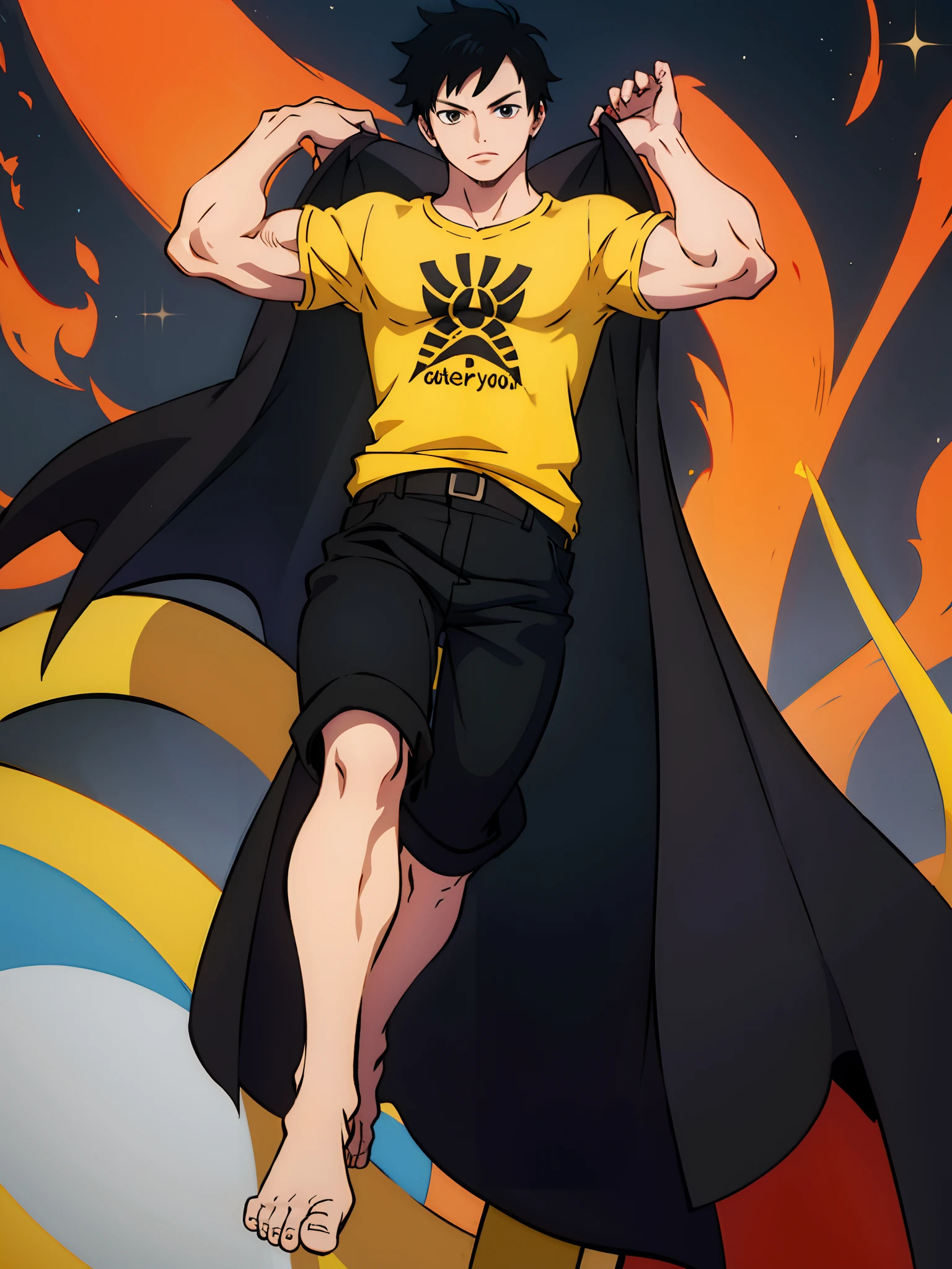 boy black pants yellow shirt black eyes black hair muscle