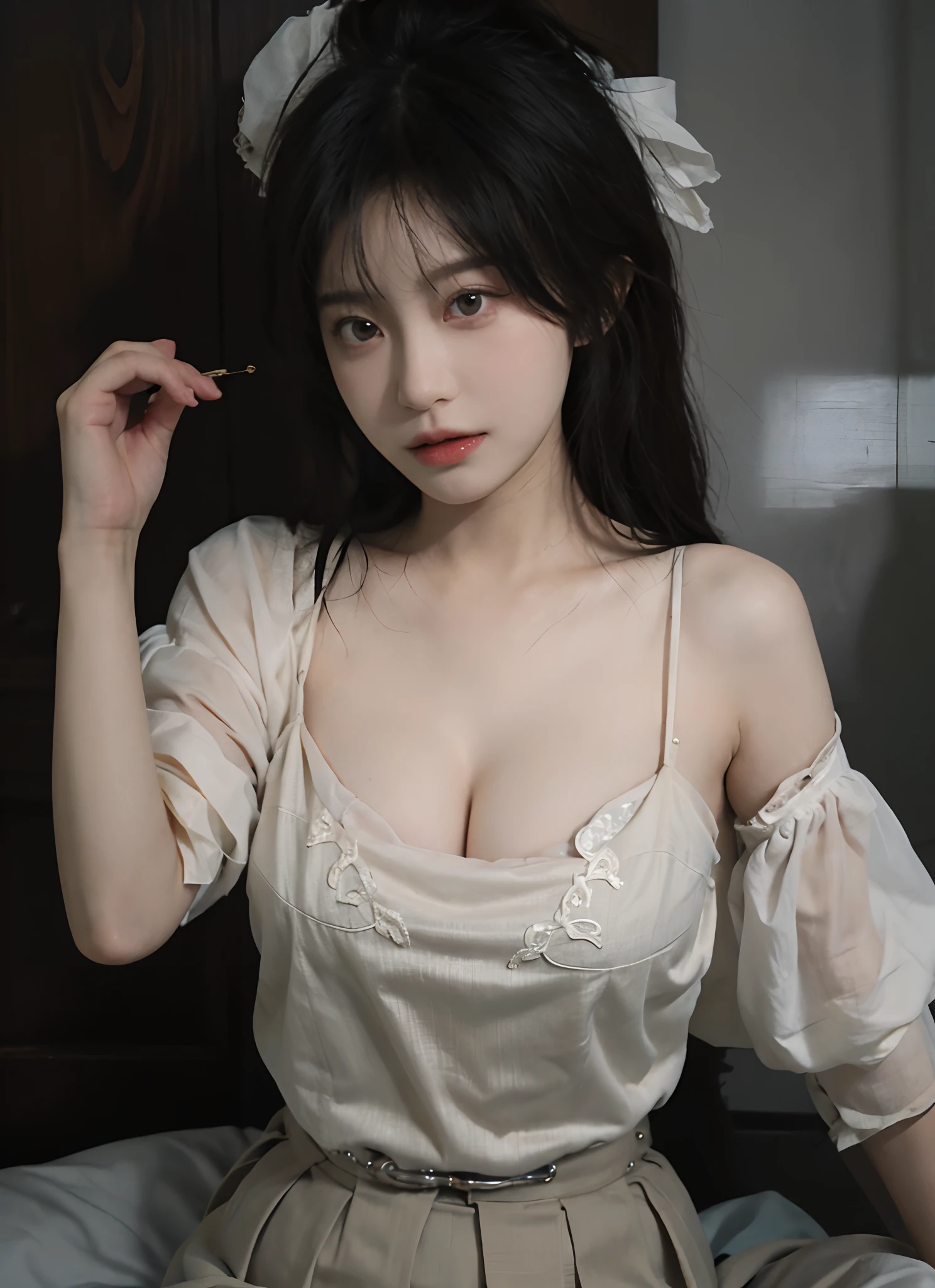 best qualtiy, 超高分辨率, (realisticlying:1.4), one-girl, A pair of clear and moving peach blossom eyes,Royal Sister,Black long straight,Yellow tight skirt, (big cleavage breasts:1.2), looking at viewert, closeup cleavage ,
