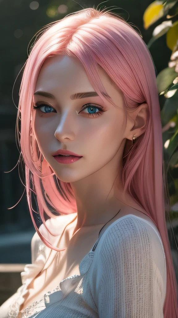 best quality, ultra high res, (photorealistic:1.4), (detailed beautiful girl:1.4), (medium breasts:0.8), looking_at_viewer, Detailed facial details, beautiful detailed eyes,pink hair, blue eyes, slender, haunting smile, (makeup:0.3), red lips, highly detai...