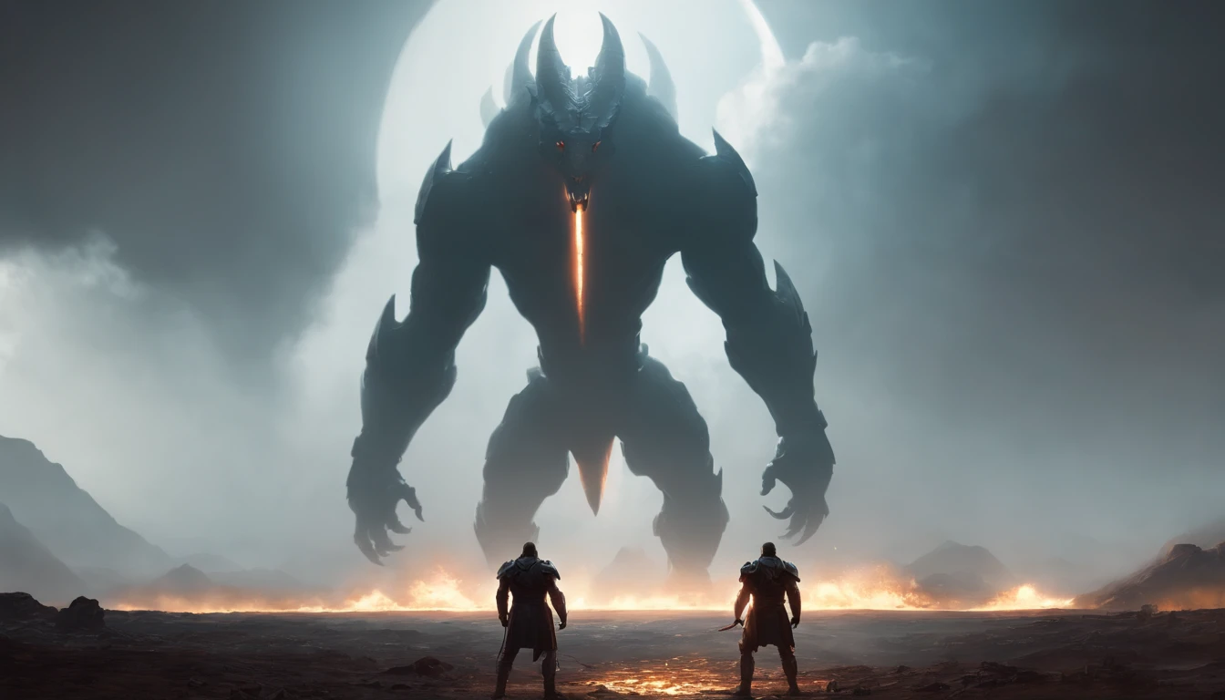 two warriors silhouettes standing in front of a massive [three-headed Cerberus] aggressively standing 100feet tall, located in a battlefield , concept art wallpaper 4k, sci-fi fantasy wallpaper, sci fi artwork, detailed sci-fi art, beautiful sci fi art, spaceships in the cloudy sky, concept art artwork masterpiece, concept art 4k, concept art 4 k, sci fi concept art, mystical sci-fi concept art