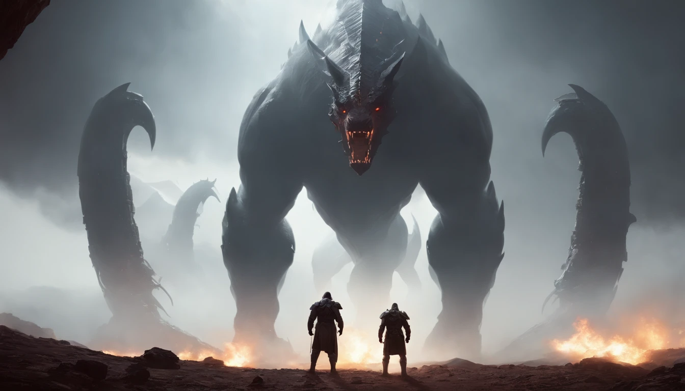 two warriors silhouettes standing in front of a massive [three-headed Cerberus] aggressively standing 100feet tall, located in a battlefield , concept art wallpaper 4k, sci-fi fantasy wallpaper, sci fi artwork, detailed sci-fi art, beautiful sci fi art, spaceships in the cloudy sky, concept art artwork masterpiece, concept art 4k, concept art 4 k, sci fi concept art, mystical sci-fi concept art