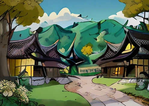 Beautiful caricature style illustration of picturesque Zhuang village，Has a bright yellow tone and a white border. The village is surrounded by lush greenery, The charm of peach tree illustrations is combined with high-resolution realism, Produce stunning visuals in 8K Ultra HD. The lighting is carefully balanced，Highlight the colors and details of the village, Create stunning masterpieces of visually colorful flowers. (Best quality, 4K, 8K, A high resolution, Masterpiece:1.2), Ultra-detailed, (Realistic, Photorealistic, photo-realistic:1.37), Vibrant colors, traditional architecture, Lush foliage.