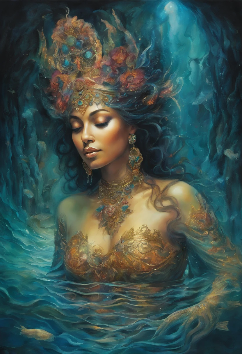 goddess of water and darkness and to a lesser degree goddess of caves associated with the underground oceans and lakes portrayed painted on a cave wall as a lady shrouded in darkness above a pool