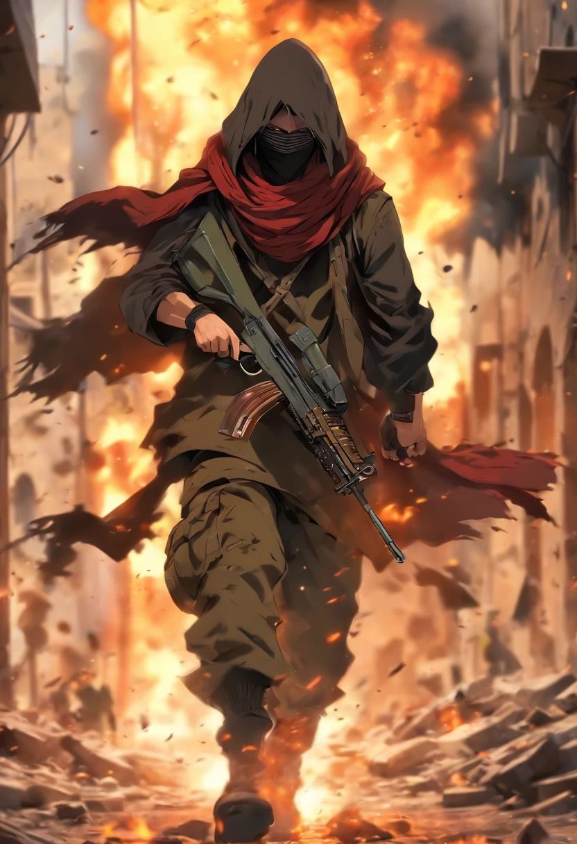 the best quality, very high resolution, detailed 4K CG, master piece, a strong hooded  man carrying a AK47, wearing Palestinian scarf in Palestine (Jerusalem), destroyed buildings, war, burning buildings, realistic