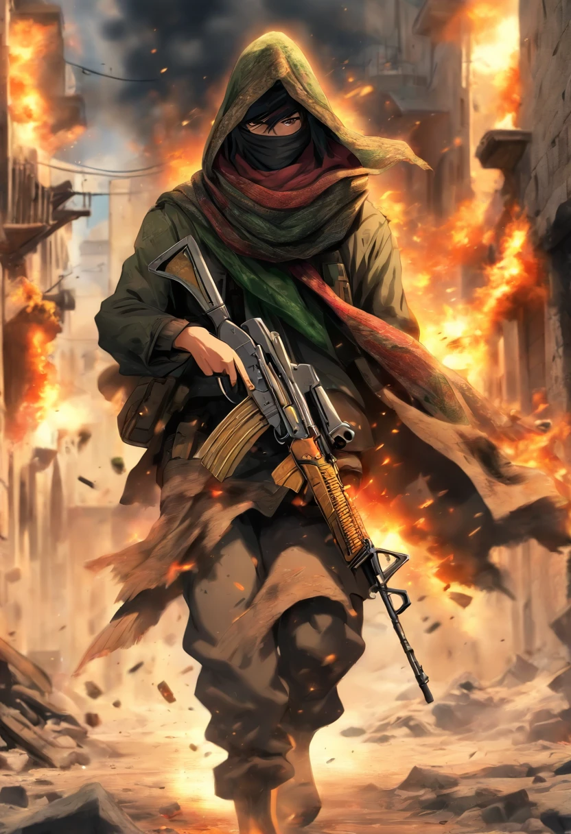 the best quality, very high resolution, detailed 4K CG, master piece, a strong hooded man carrying a AK47, wearing Palestinian scarf in Palestine (Jerusalem), destroyed buildings, war, burning buildings, realistic