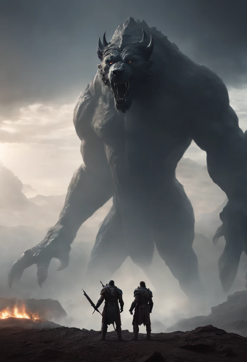 two warriors silhouettes standing in front of a massive [three-headed Cerberus] aggressively standing 100feet tall, located in a battlefield , concept art wallpaper 4k, sci-fi fantasy wallpaper, sci fi artwork, detailed sci-fi art, beautiful sci fi art, spaceships in the cloudy sky, concept art artwork masterpiece, concept art 4k, concept art 4 k, sci fi concept art, mystical sci-fi concept art