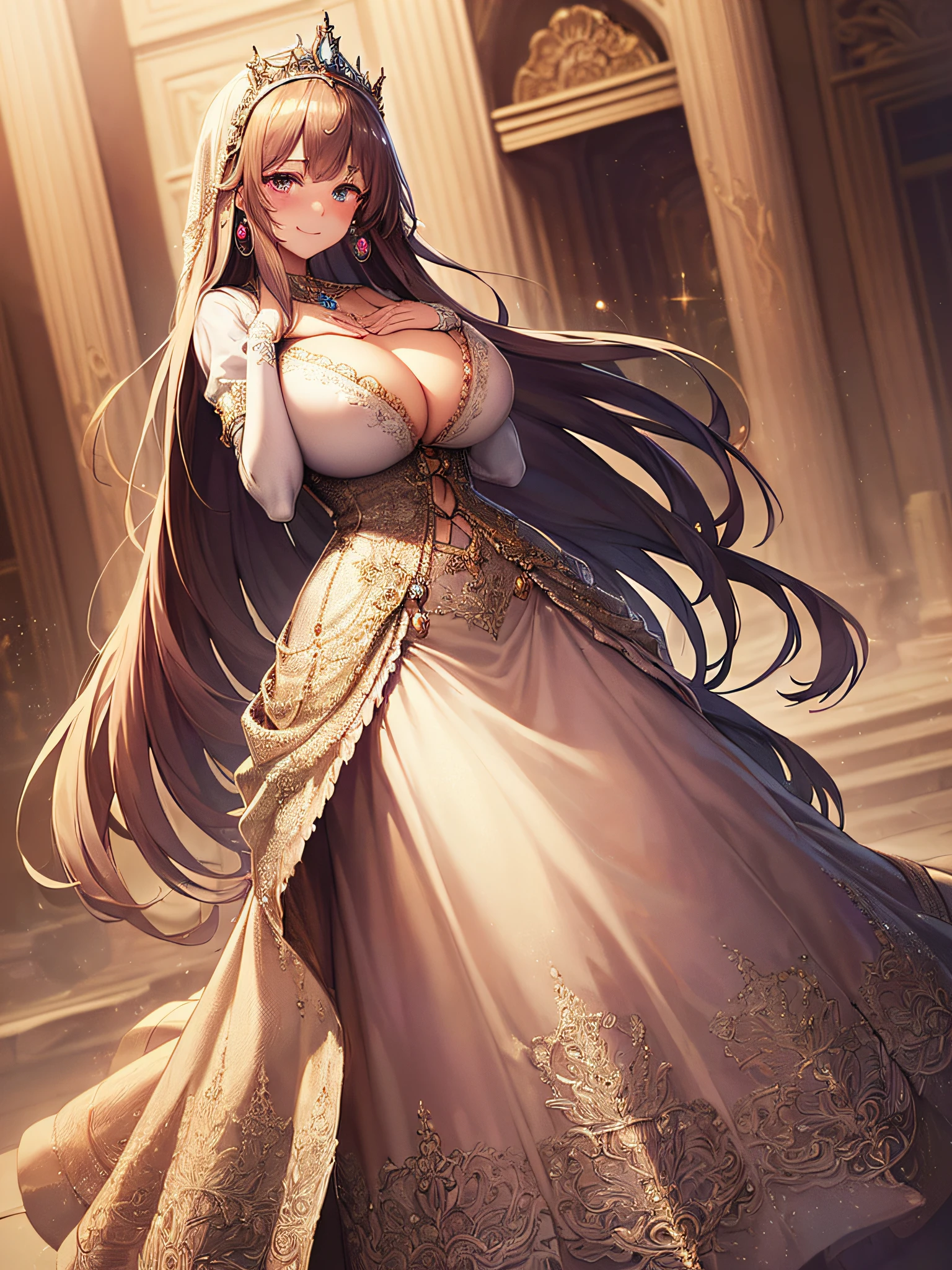 ((Anime Art Style)),(masutepiece),(Best Quality), (Super Detail),(Highly detailed CG Unity 8k wallpaper),((Very delicate and beautiful)),((Full body portrait)),((Stand in the garden)),((Solo)),(((One princess in gorgeous embroidery and jeweled very gorgeous Rococo princess ball gown with voluminous full-length hoop skirt ))),(((Crinoline Hoop Skirt))),Long Train,((Gorgeous embroidery and jewelry)),voluminous ruffles,(((very very gigantic boobs,Skindentation))),cleavage,((Very long straight hair,Very voluminous straight long hair,Very long straight hair)),(finely detailed face and eyes),((Seductive smile,embarrassed)),Beautiful eyes like jewels,Very gorgeous hair ornament,(A very gorgeous tiara adorned with bling-bling jewels),((Glitter Gorgeous Gemstone Jewelry)),Gorgeous Long Veil,(opera gloves),(Beautiful background),(Full body),((gorgeous embroidery and jeweled gorgeous Rococo princess ball gown with voluminous full-length hoop skirt))