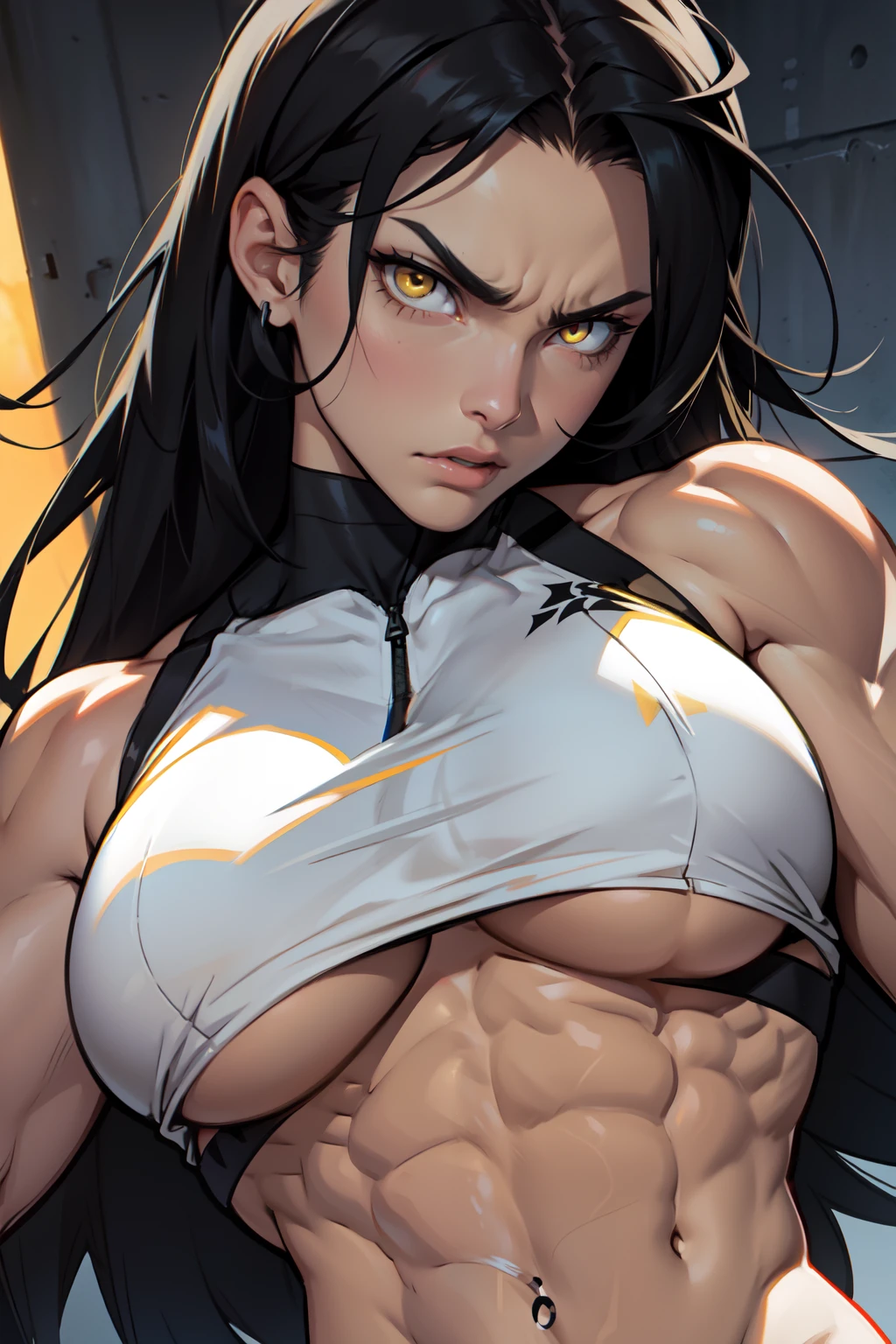 1girl black hair yellow eyes very long hair pale skin angry bodybuilder huge breasts muscular toned body long abs close up