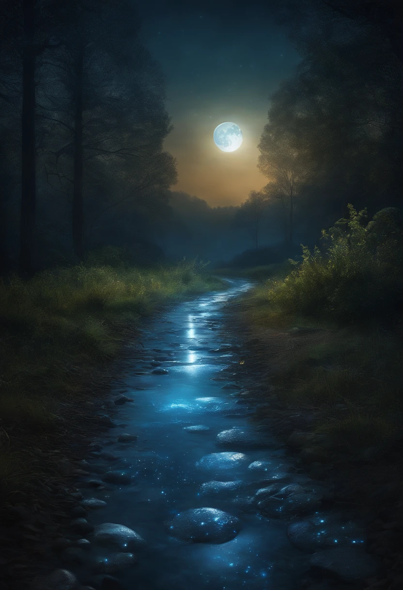 Painting of the road leading to the full moon with shining light, Beautiful moonlight, Beautiful moonlight, very magical and dreamy, beautiful moonlight night, Filled with bioluminescence, moonshine, bio luminescent, The glow of the refracted moon, Shining water, Blue bioluminescence, Blue mushrooms glowing in the quagmire, Crystals shining on the ground