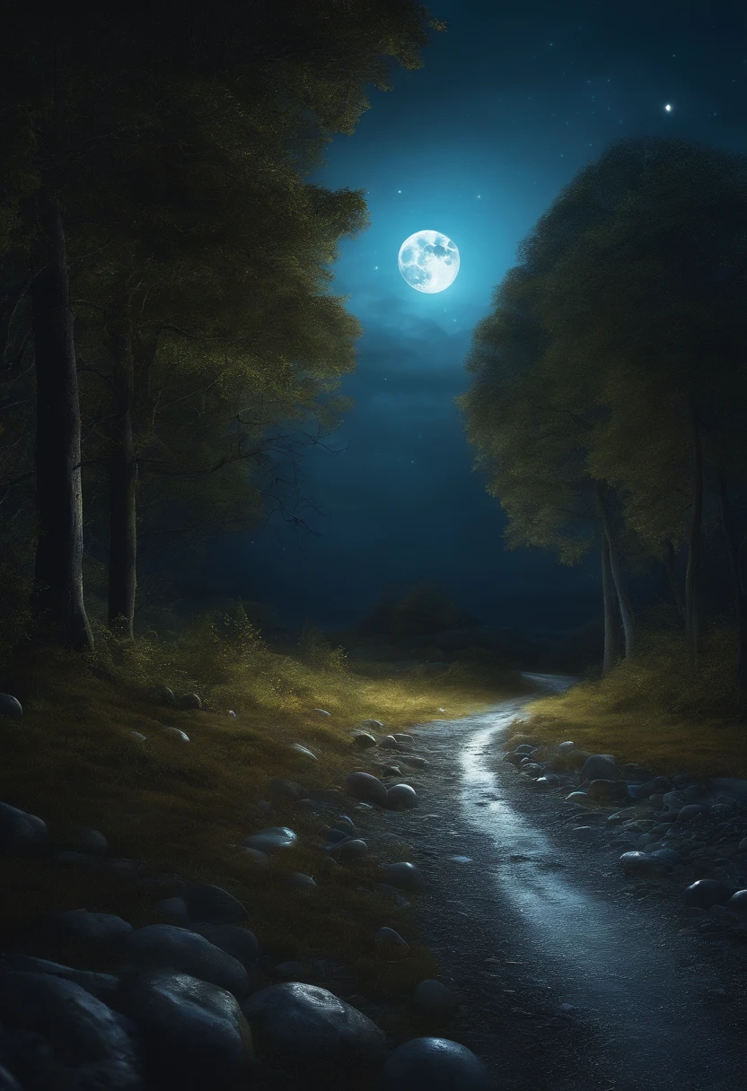 Painting of the road leading to the full moon with shining light, Beautiful moonlight, Beautiful moonlight, very magical and dreamy, beautiful moonlight night, Filled with bioluminescence, moonshine, bio luminescent, The glow of the refracted moon, Shining water, Blue bioluminescence, Blue mushrooms glowing in the quagmire, Crystals shining on the ground
