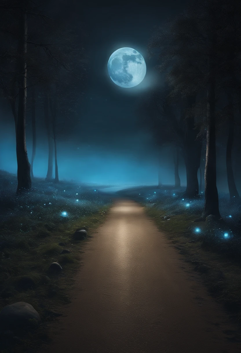 Painting of the road leading to the full moon with shining light, Beautiful moonlight, Beautiful moonlight, very magical and dreamy, beautiful moonlight night, Filled with bioluminescence, moonshine, bio luminescent, The glow of the refracted moon, Shining water, Blue bioluminescence, Blue mushrooms glowing in the quagmire, Crystals shining on the ground