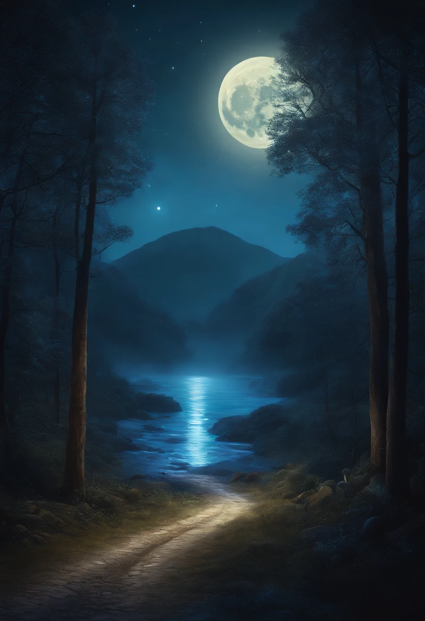 Painting of the road leading to the full moon with shining light, Beautiful moonlight, Beautiful moonlight, very magical and dreamy, beautiful moonlight night, Filled with bioluminescence, moonshine, bio luminescent, The glow of the refracted moon, Shining water, Blue bioluminescence, Blue mushrooms glowing in the quagmire, Crystals shining on the ground