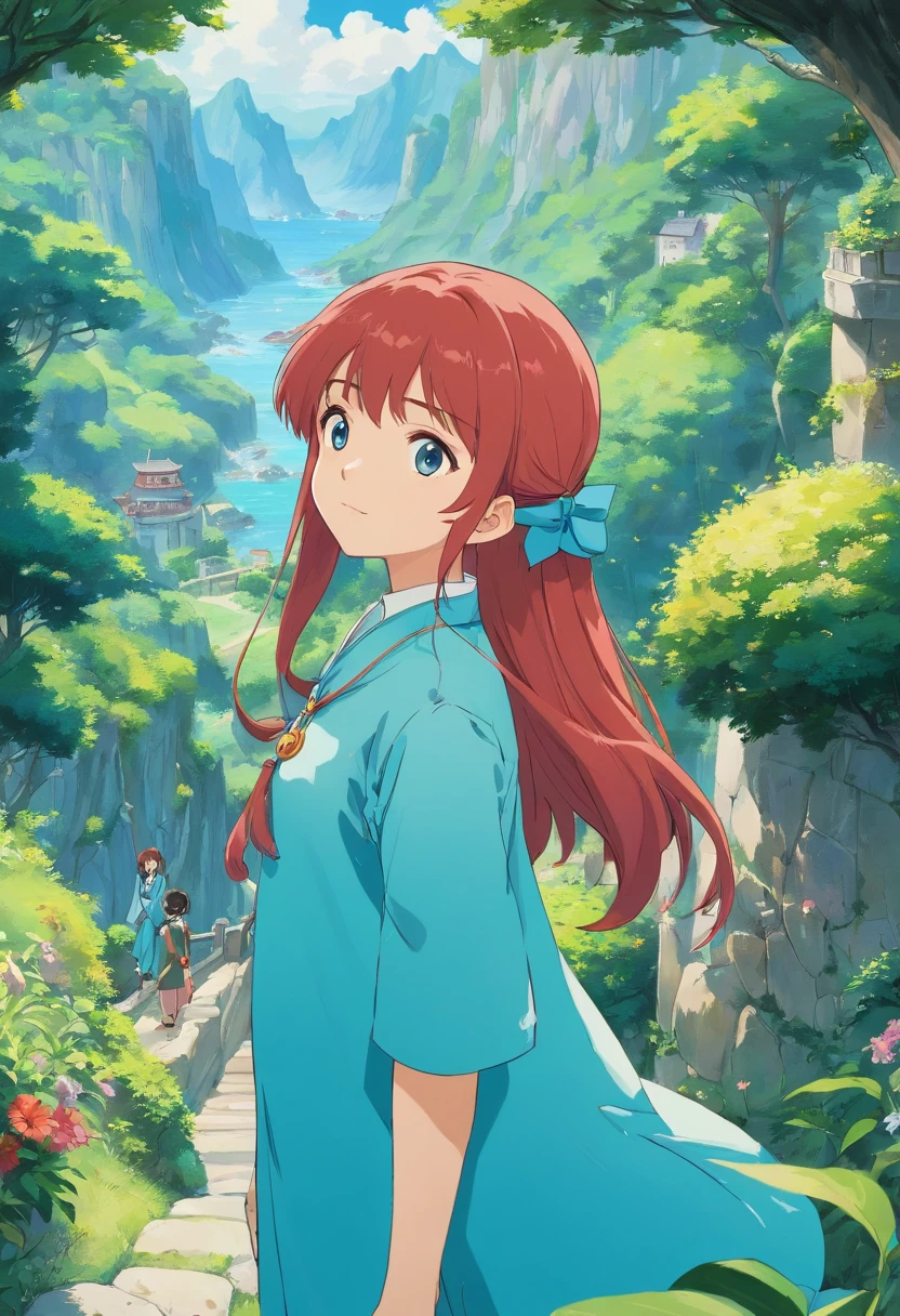 uma menina usando um colar de anime, um colar longo e brincos, no estilo de paisagens de jardim tranquilas, animated color photos, Masami Teraoka, aquamarine, Paulo Gauguin, Estilo Embry, retrato honesto