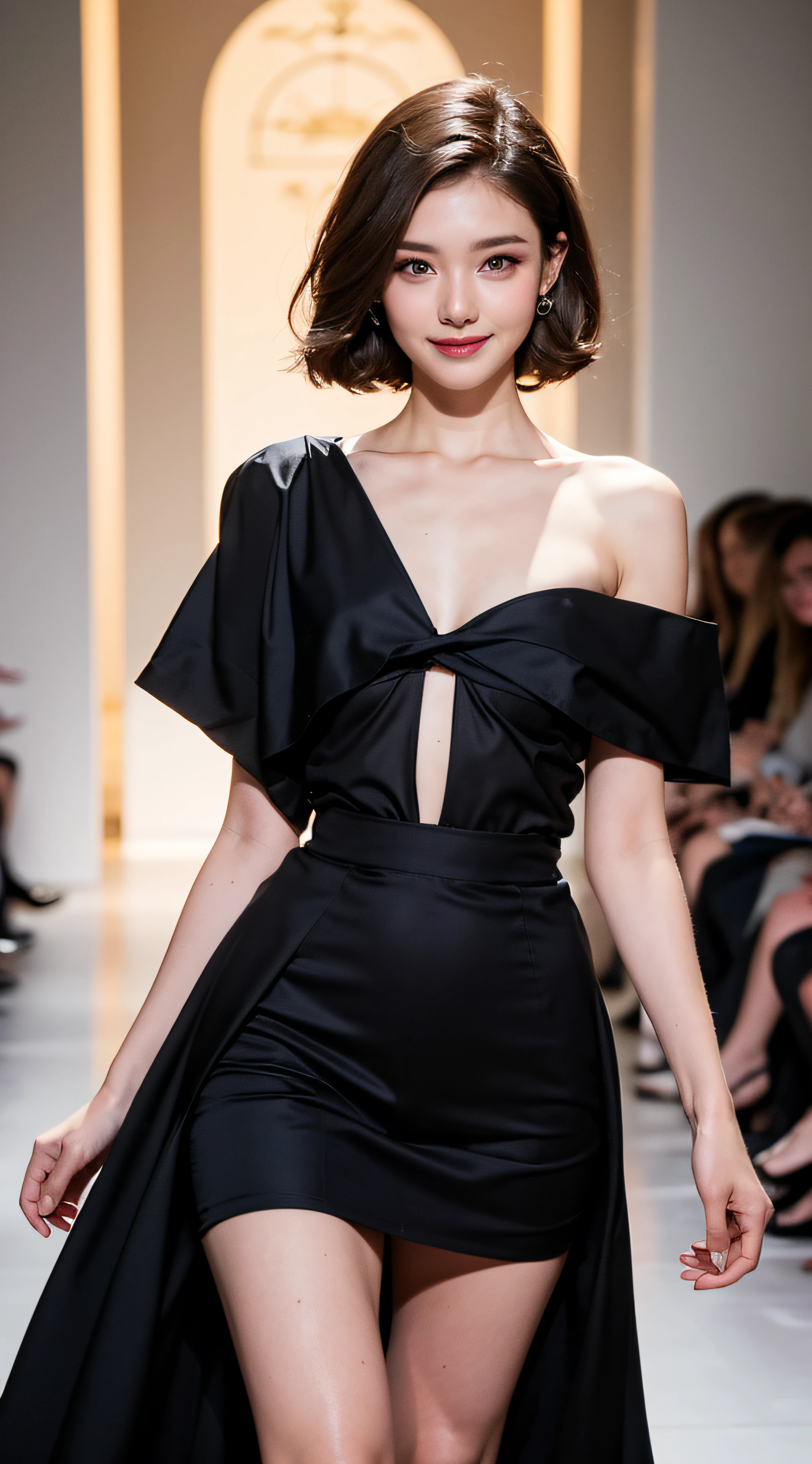 1girl, (Smile:1.2) stunningly beautiful girl, Haute_Couture, designer dress, high fashion, dynamic ungle, fashionshow, (Runway:1.2), Long shape face, beautiful countenance, (makeup), Sandy Blonde Side Sweep Hair, Short hair, Long ringlet, catwalk, Red carpet, Vivid colors, mastepiece, Best Quality, absurderes, Highest Quality, Amazing details, 8K, Aesthetic, Perfect Lighting, full shot, runway top pose,