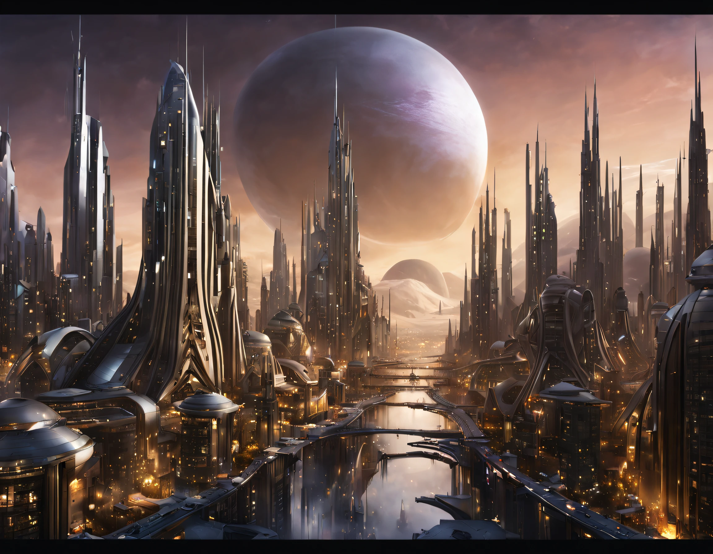 On an unknown planet lies a futuristic fantasy city with immense buildings of technological design (que forman una avenida infinita), con estructuras acristaladas en plata, oro y bronce espectaculares, con colores vivos. pavimento ensolado sin brillo. gente paseando. similar a un coruscant. imagen bien definida con muchos edificios juntos. imagen nitida bien definida 8k.