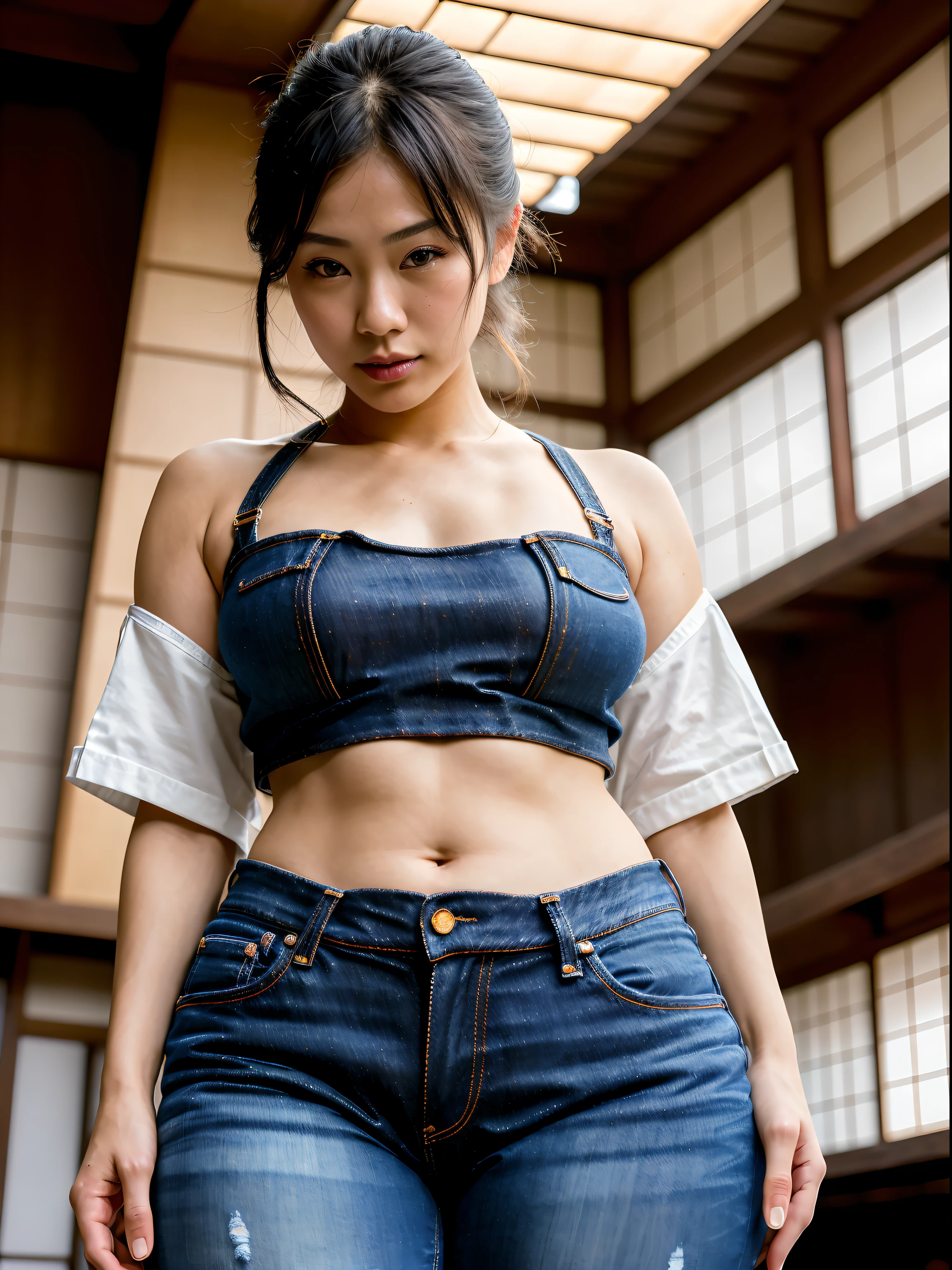 ((detailed)), ((masterpiece)), ((best quality)), Mind-blowing, (Immersive), ((Impressive)), Woman, Japanese, Nihonjin, Japanese national, Photograph, Image, Capture, Beautifully lit, Gorgeously illuminated, Exquisitely lit, Stunning light, Macro lens, High magnification, Small details,jeans,jeans top