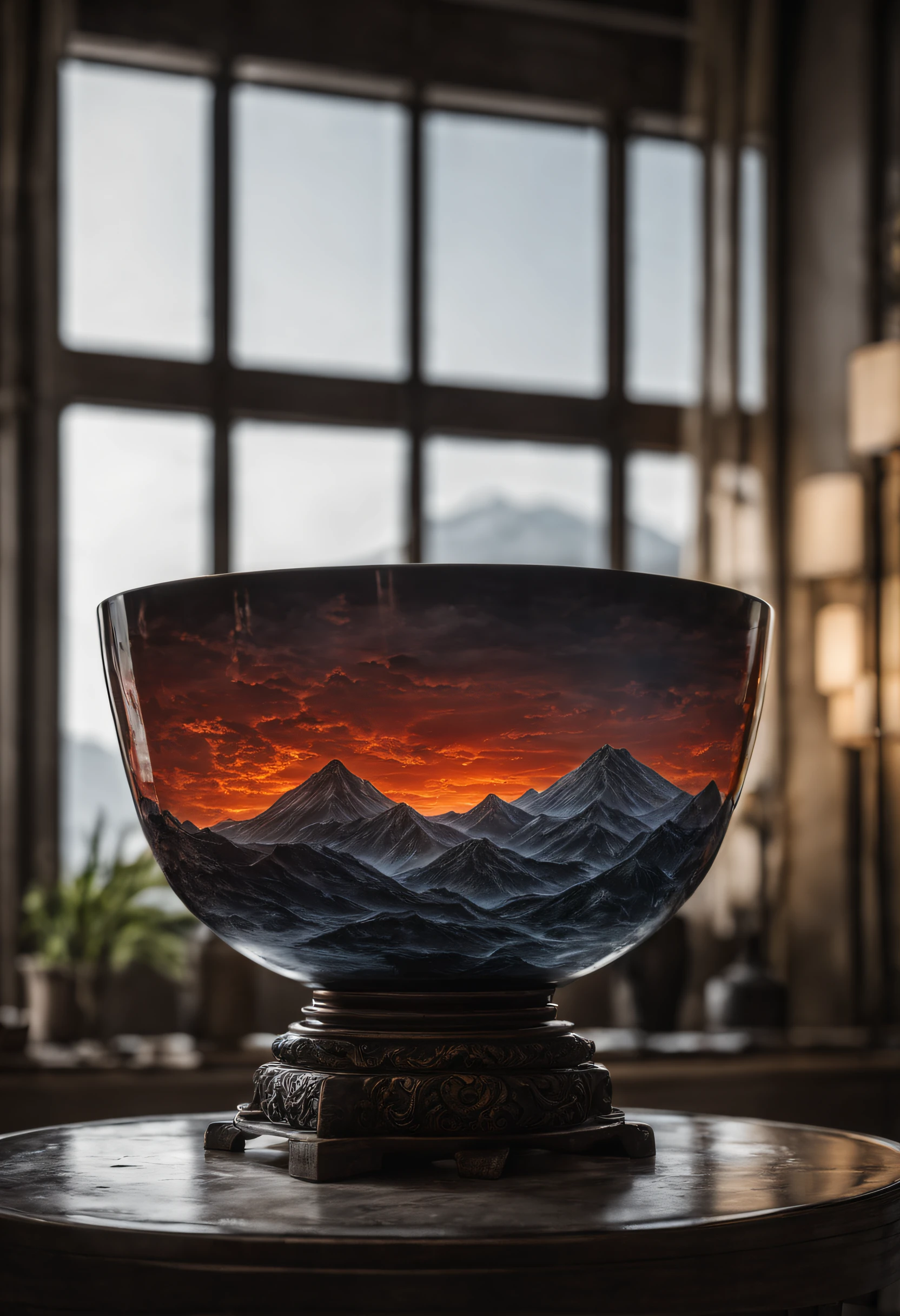 best qualtiy，realisticlying，realisticlying，super-fine，"volcanoes" Highly refined carvings in "Southern Ice" Inside a porcelain bowl，ultra-wide-angle，emphasis lighting，Volumetriclighting，The light from the back window is backlighted，（detailedlight），（ （Extremely refined and beautiful））、Dramatic_black shadows、Ray_tracing、HDR waits for it to start