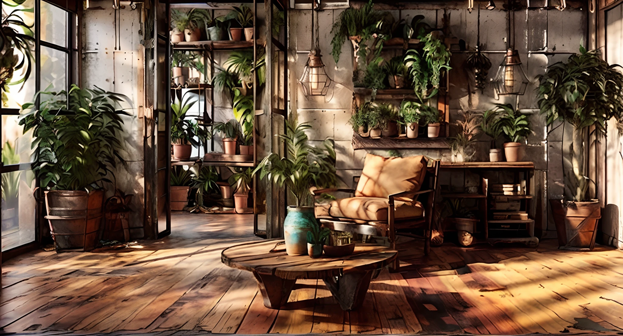 industry style ,Rustic wood, rusty iron, daylight, add potted tropical plants, RAW photo, (high detail skin:1.2), UHD 8k, DSLR, soft light, high quality, photo realistic