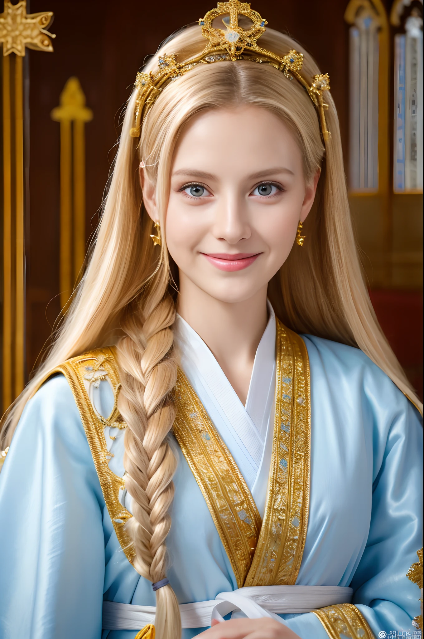 8K、Photorealistic RAW photos of the highest quality。1.4)(1 Mature Saint) Super beauty(lifelike face) Busty Saint,Wear a blue and white sacred robe Silver staff with golden decoration Long blonde hair and blue eyes Smiling clergy Beautiful appearance、White costume of the saint、Golden decoration in the church、超A high resolution、super realistic skin、