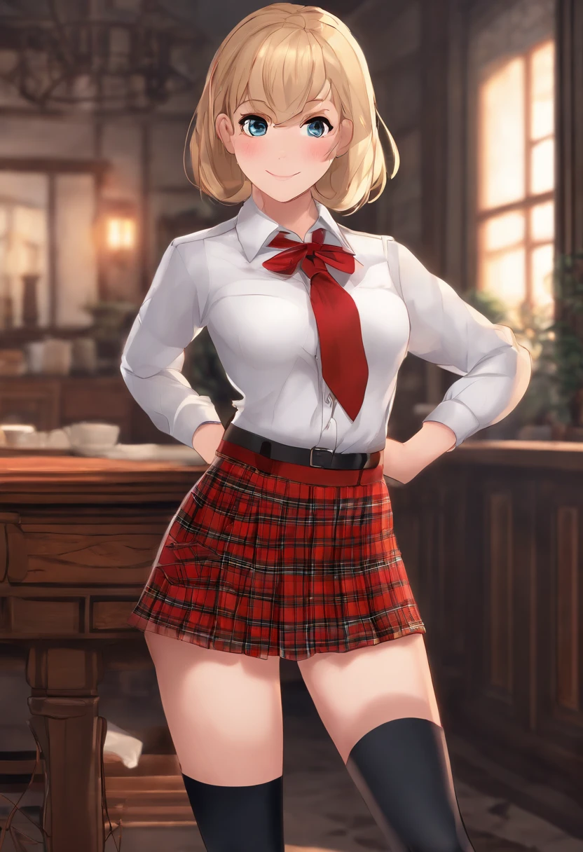 Amelia Watson, 1girl, blonde hair, Short hair, black tights, ssmile, Ultra Detailed, 8K, Masterpiece, detailed legs, Average Breasts, amelia_detective, collared shirt, red necktie, plaid skirt, thighhighs