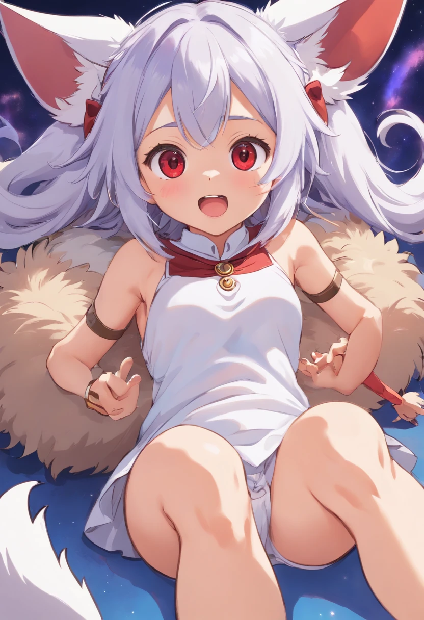 (Best Quality), (masutepiece), (super detailed), Sharp Focus, eyesgod, brown_Eyes, up looking_viewer, Solo, Furry, Very detailed body fur, animal_ear, Upface, tail, School dress white shirt, Underboob, Naked stomach, White bra, White pantie, From below, Navy blue hair, White ears, Purplish red eyes, Thick eyebrows, , Open mouth, Child girlegs apart, back arms