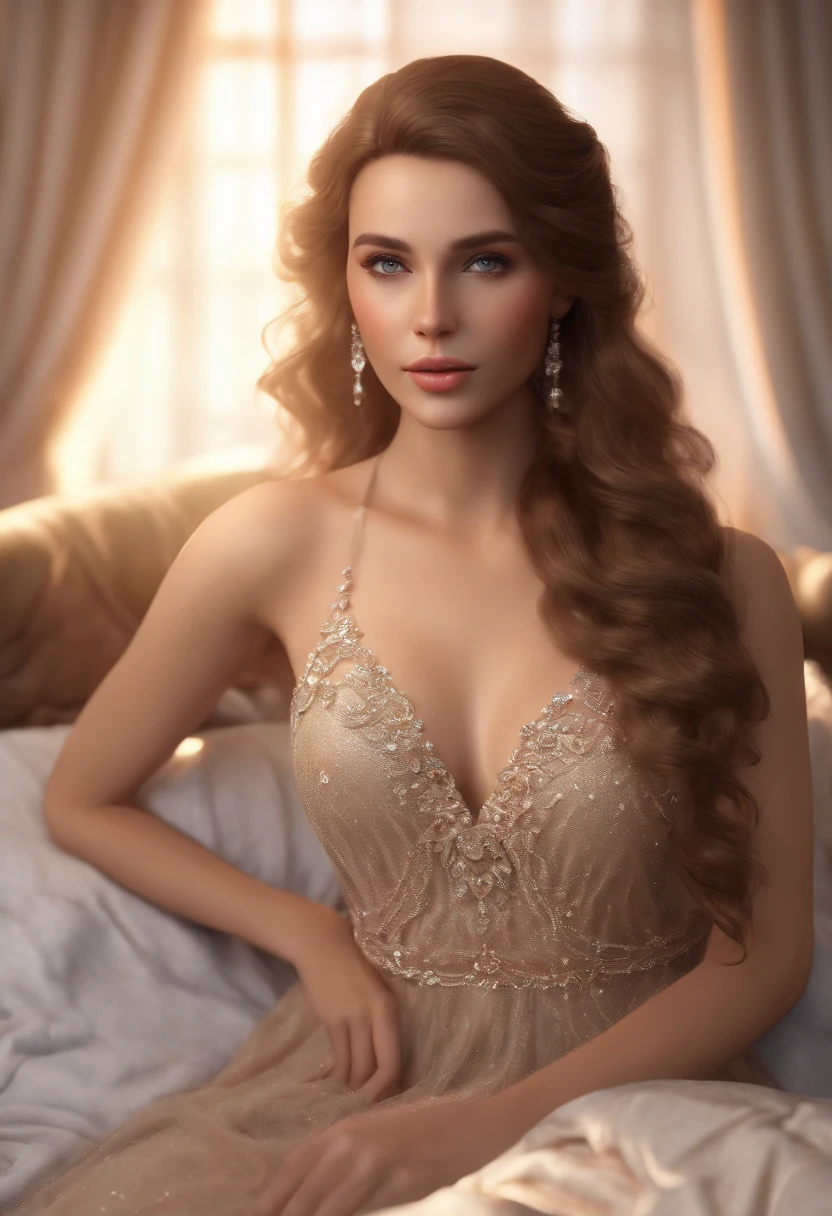 (best quality,4k,8k,highres,masterpiece:1.2),ultra-detailed,realistic,photorealistic:1.37,soft skin,shiny hair,intense gaze,beautiful detailed eyes,beautiful detailed lips,wavy hair,long legs,long dress,cozy atmosphere,soft lighting,feminine pose,sensual expression,comfortable bed,bedroom setting,decorative pillows,elegant headboard,plush bedding,gentle colors,dreamy ambiance,subtle shadows,peaceful background.