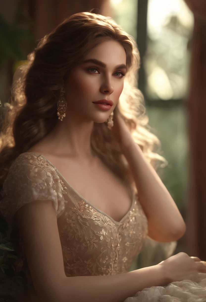 (best quality,4k,8k,highres,masterpiece:1.2),ultra-detailed,realistic,photorealistic:1.37,soft skin,shiny hair,intense gaze,beautiful detailed eyes,beautiful detailed lips,wavy hair,long legs,long dress,cozy atmosphere,soft lighting,feminine pose,sensual expression,comfortable bed,bedroom setting,decorative pillows,elegant headboard,plush bedding,gentle colors,dreamy ambiance,subtle shadows,peaceful background.