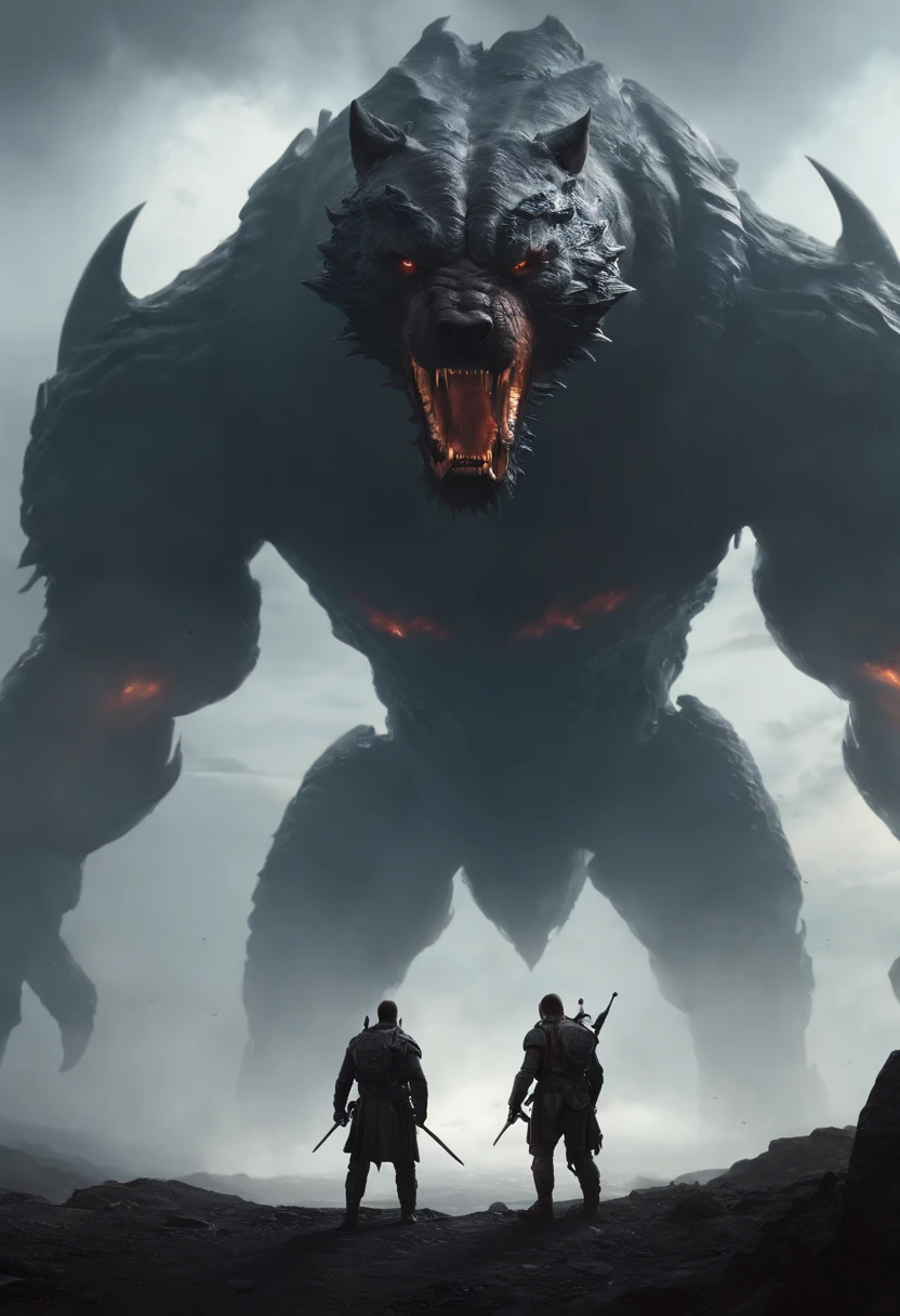 two warriors silhouettes standing in front of a massive [three-headed Cerberus] aggressively standing 100feet tall, located in a battlefield , concept art wallpaper 4k, sci-fi fantasy wallpaper, sci fi artwork, detailed sci-fi art, beautiful sci fi art, spaceships in the cloudy sky, concept art artwork masterpiece, concept art 4k, concept art 4 k, sci fi concept art, mystical sci-fi concept art, eerie, realism, crystal clear image