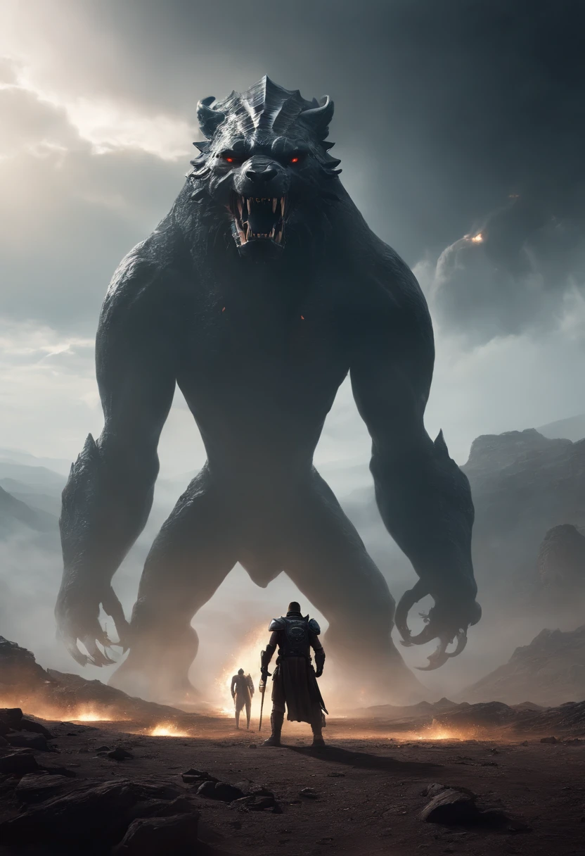 two warriors silhouettes standing in front of a massive [three-headed Cerberus] aggressively standing 100feet tall, located in a battlefield , concept art wallpaper 4k, sci-fi fantasy wallpaper, sci fi artwork, detailed sci-fi art, beautiful sci fi art, spaceships in the cloudy sky, concept art artwork masterpiece, concept art 4k, concept art 4 k, sci fi concept art, mystical sci-fi concept art, eerie, realism, crystal clear image