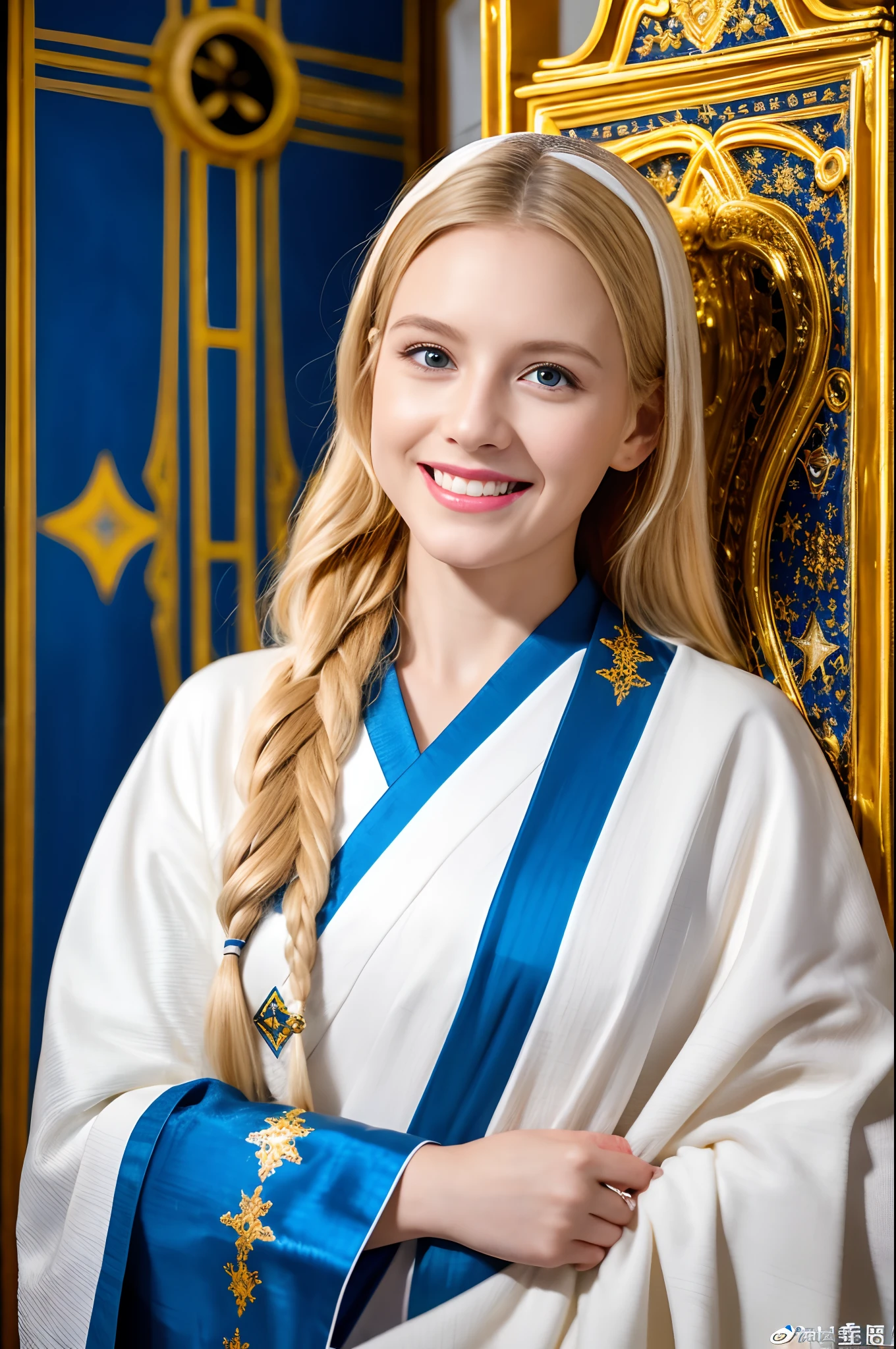 8K、Photorealistic RAW photos of the highest quality。1.4)(1 Mature Saint) Super beauty(lifelike face) Busty Saint,Wear a blue and white sacred robe Silver staff with golden decoration Long blonde hair and blue eyes Smiling clergy Beautiful appearance、White costume of the saint、Golden decoration in the church、超A high resolution、super realistic skin、