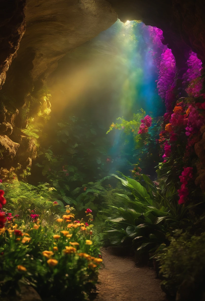 Brightly colored tunnels with flowers and plants, Colorful and magical crystal bridge, Complex rainbow environment, magical colors and atmosphere, magical colors and atmosphere, Entrance to the etheric realm, Magic Cave, magical environment, ethereal rainbows, Glittering crystal cave, a magical colorful flower, very magical and dreamy, In the Liminal Underground Gardens, Rainbow Overlay! Beautifully Lit, mystical colors